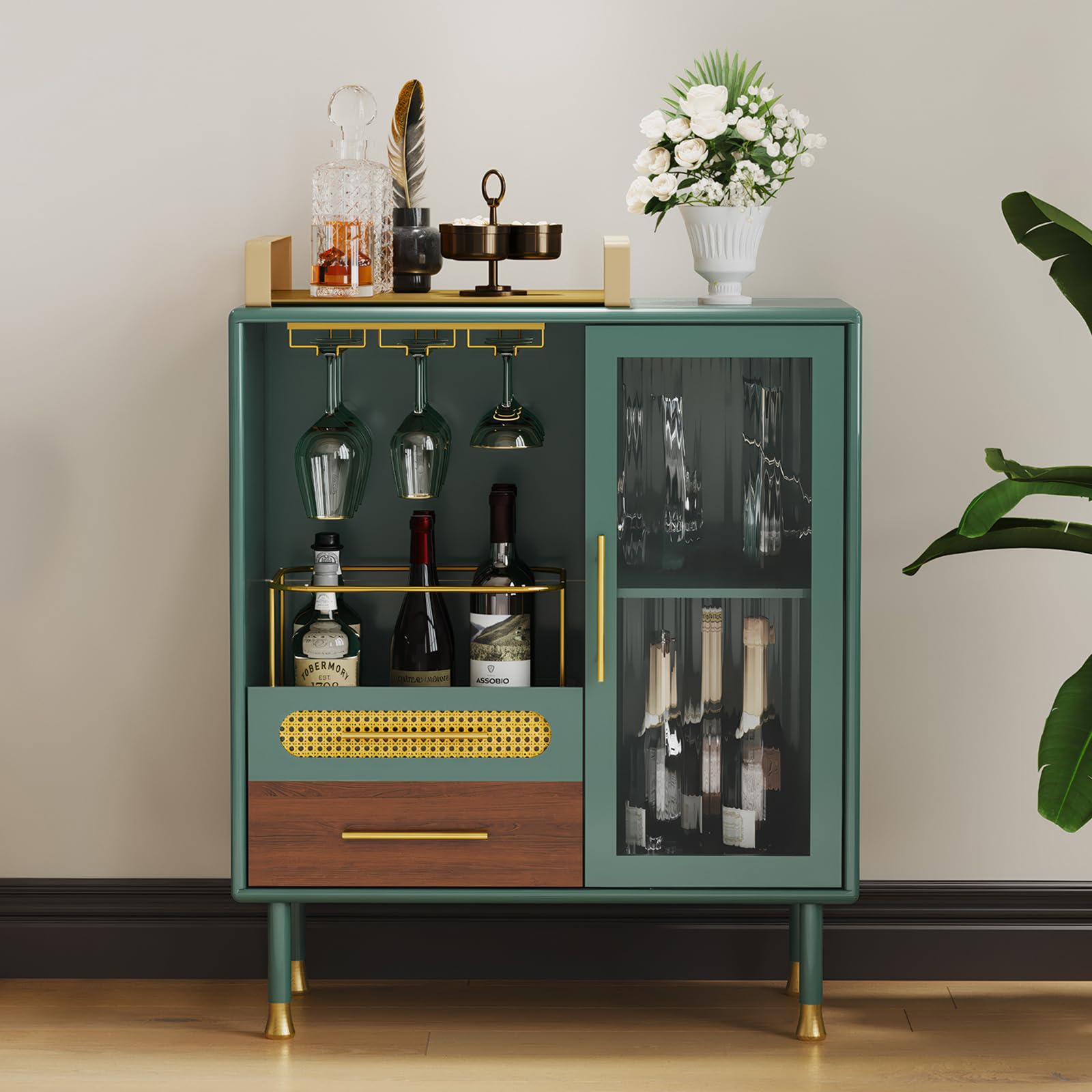 Armadietto per vino verde, con ripiani per bicchieri da vino e 2 cassetti, moderno bar, credenze a buffet in legno, per soggiorno, cucina, sala da pranzo