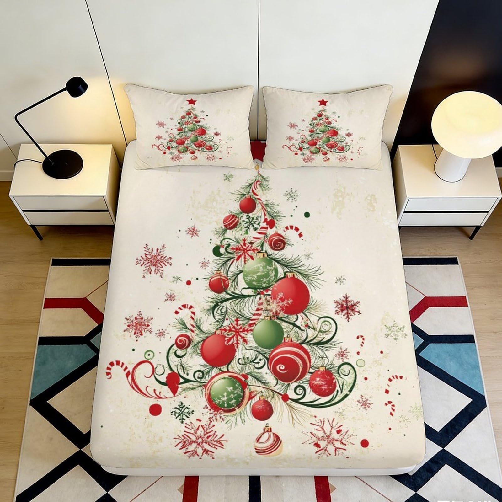 Pnayamiorkfel Style-5 3D Printed Christmas Tree Fitted Sheet Microfiber Red Green Snowflakes Bed Cover For Bedroom Guest Room Decoration 90X200x25cm