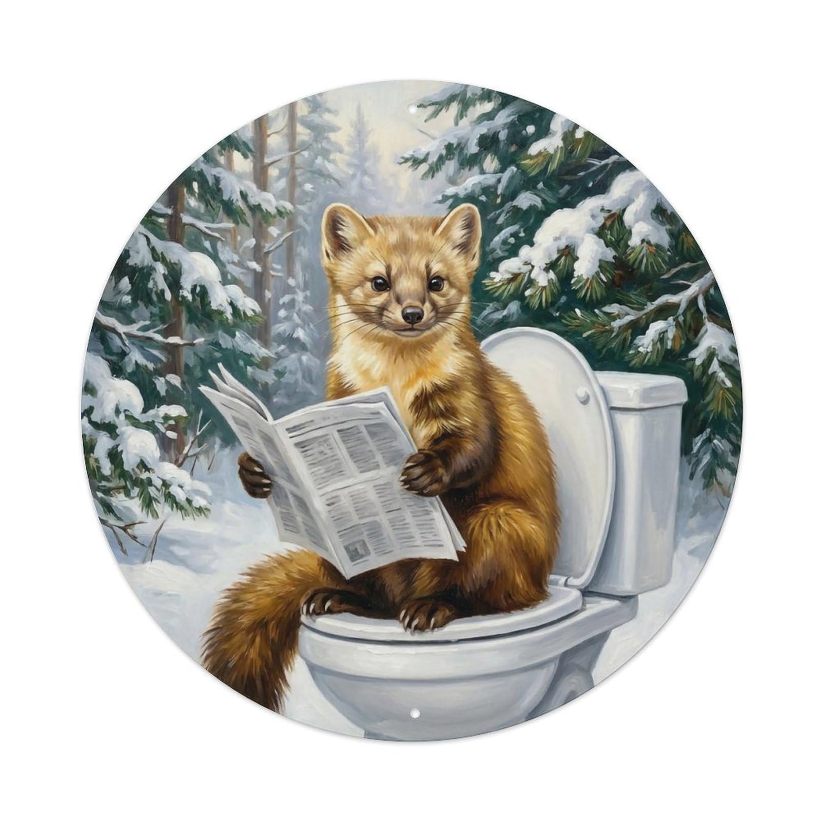 Marten On Toilet Humorous Bathroom Pine Forest Snow Metal Tin Sign