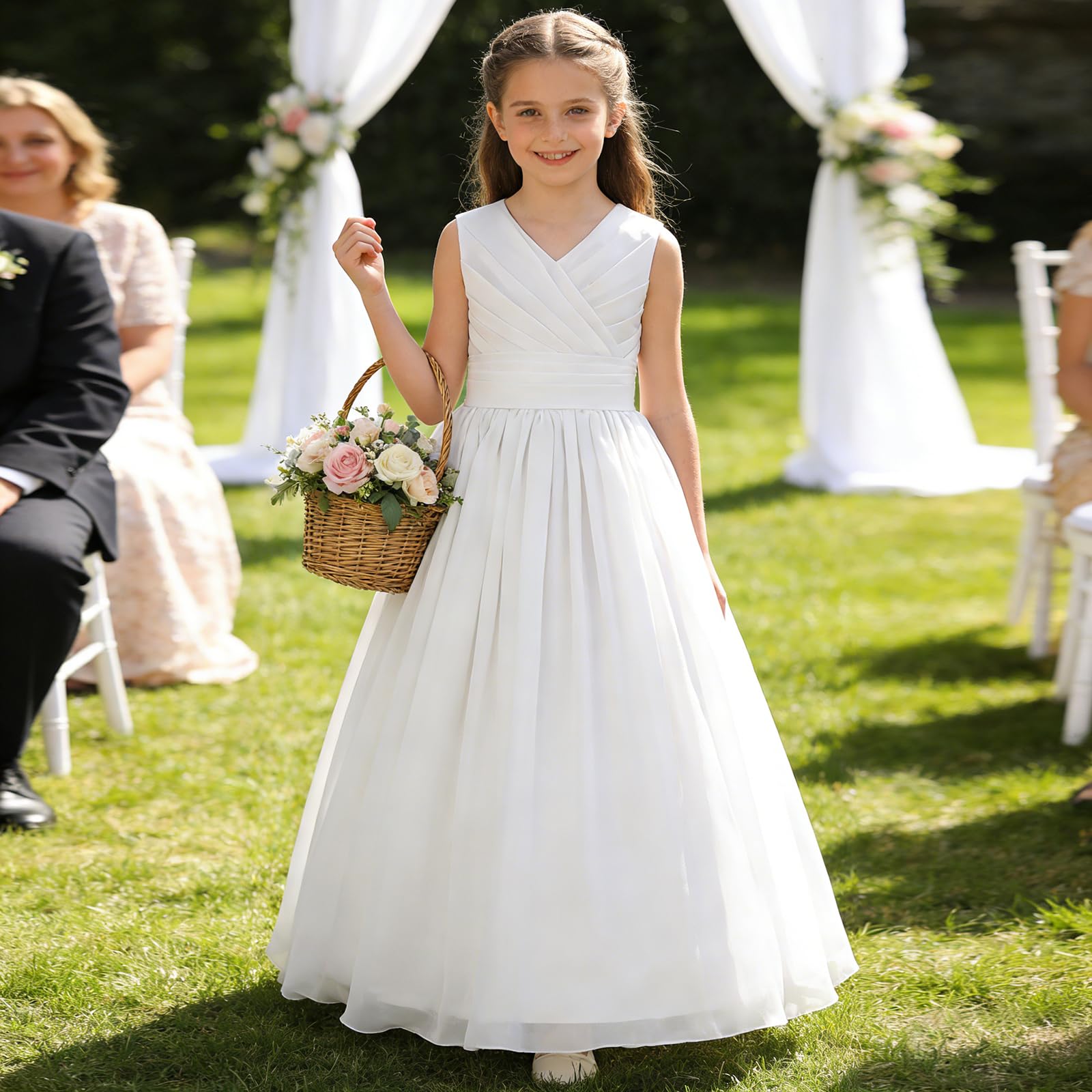 Vestido largo de gasa para niños, estilo bohemio, sin mangas, vintage, elegante, líneas A, vestidos de comunión, bodas, damas de honor, princesa, vestido de tul para niñas, 8-14 años.
