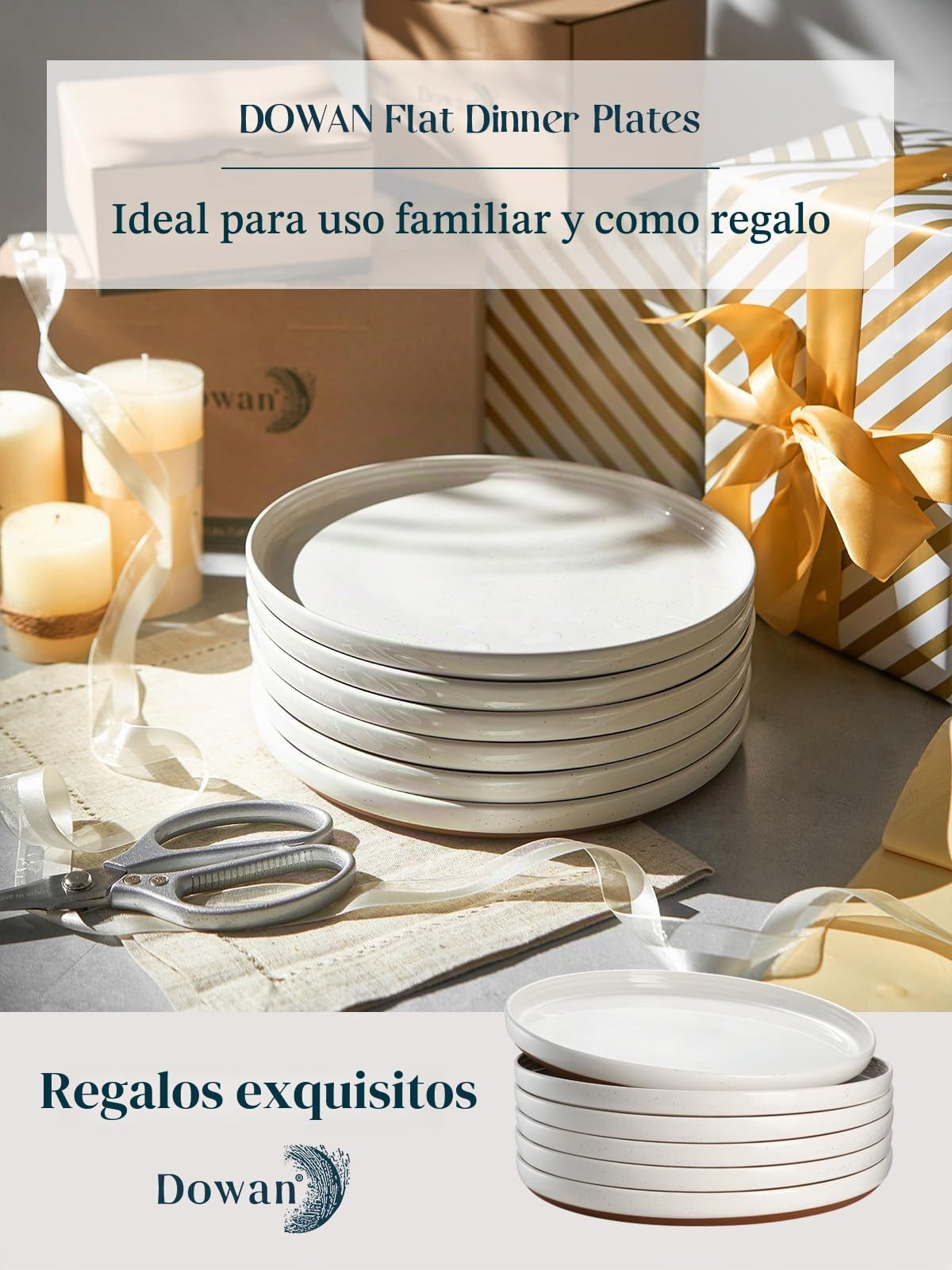 DOWAN Juego de Platos de Gres, 26cm para Servir, 6 Piezas de Porcelana, para Ensalada, Filete, Principal, Cena - Vainilla Blanca