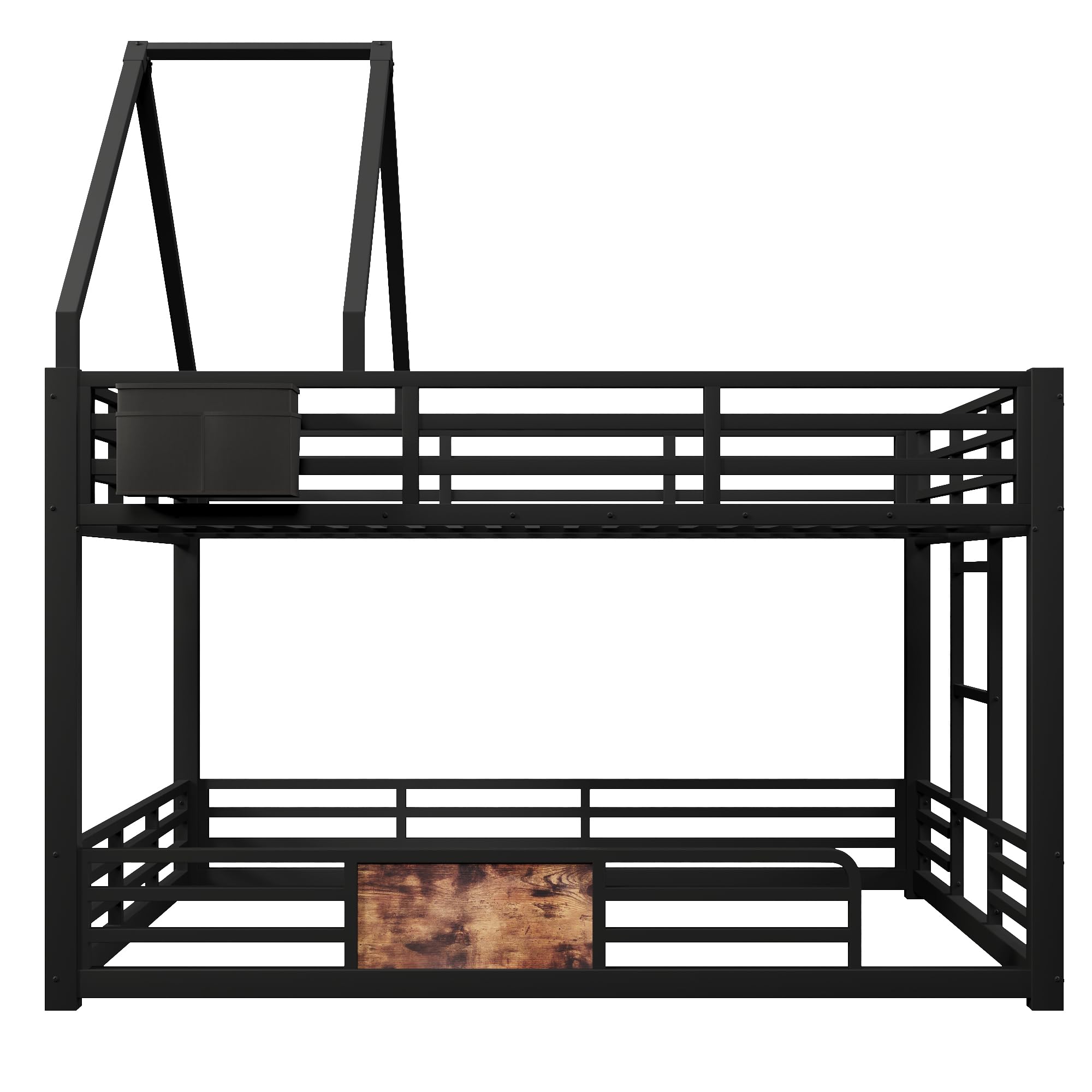 Etagenbett 140x200 cm aus Metall, Hausbett-Design, Dachrahmen, Stofftaschen-Aufbewahrung & Sicherheitsgeländer, Schwarz