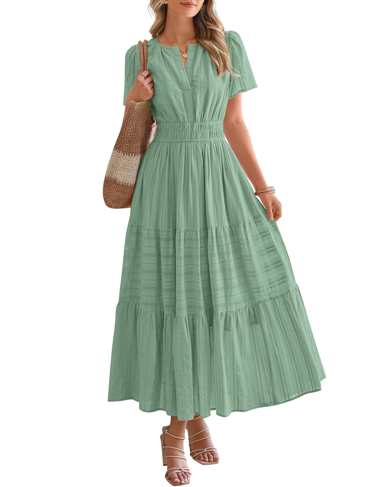 BTFBM Womens Summer 2025 Fall Midi Maxi Dresses Lightweight Short Sleeve V Neck Elastic Waist Boho Beach Dress Pockets