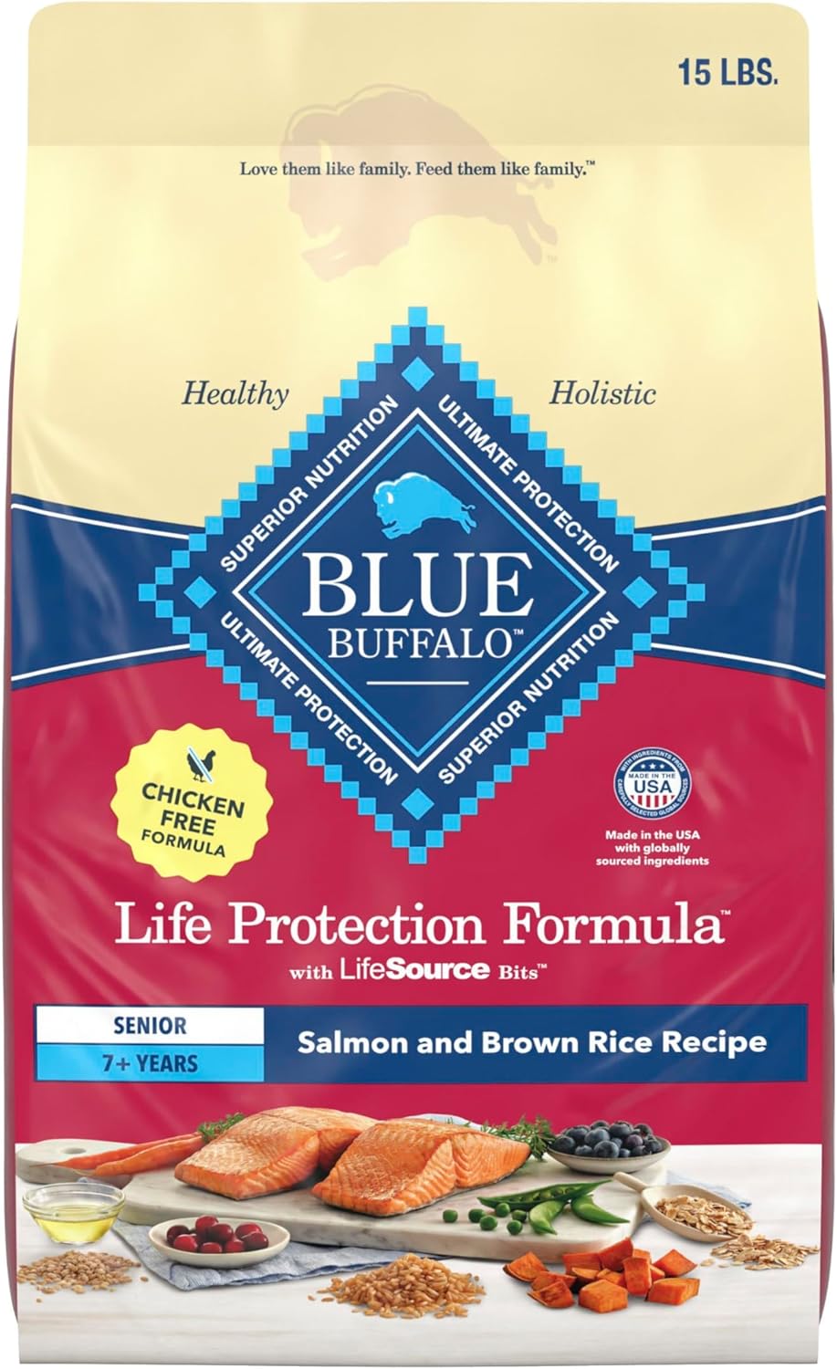 Blue Buffalo Life Protection Formula with LifeSource Bits, Senior 7+ Dry Dog Food, Salmon and Brown Rice Recipe, Chicken Free Formula, 15 lb. Bag