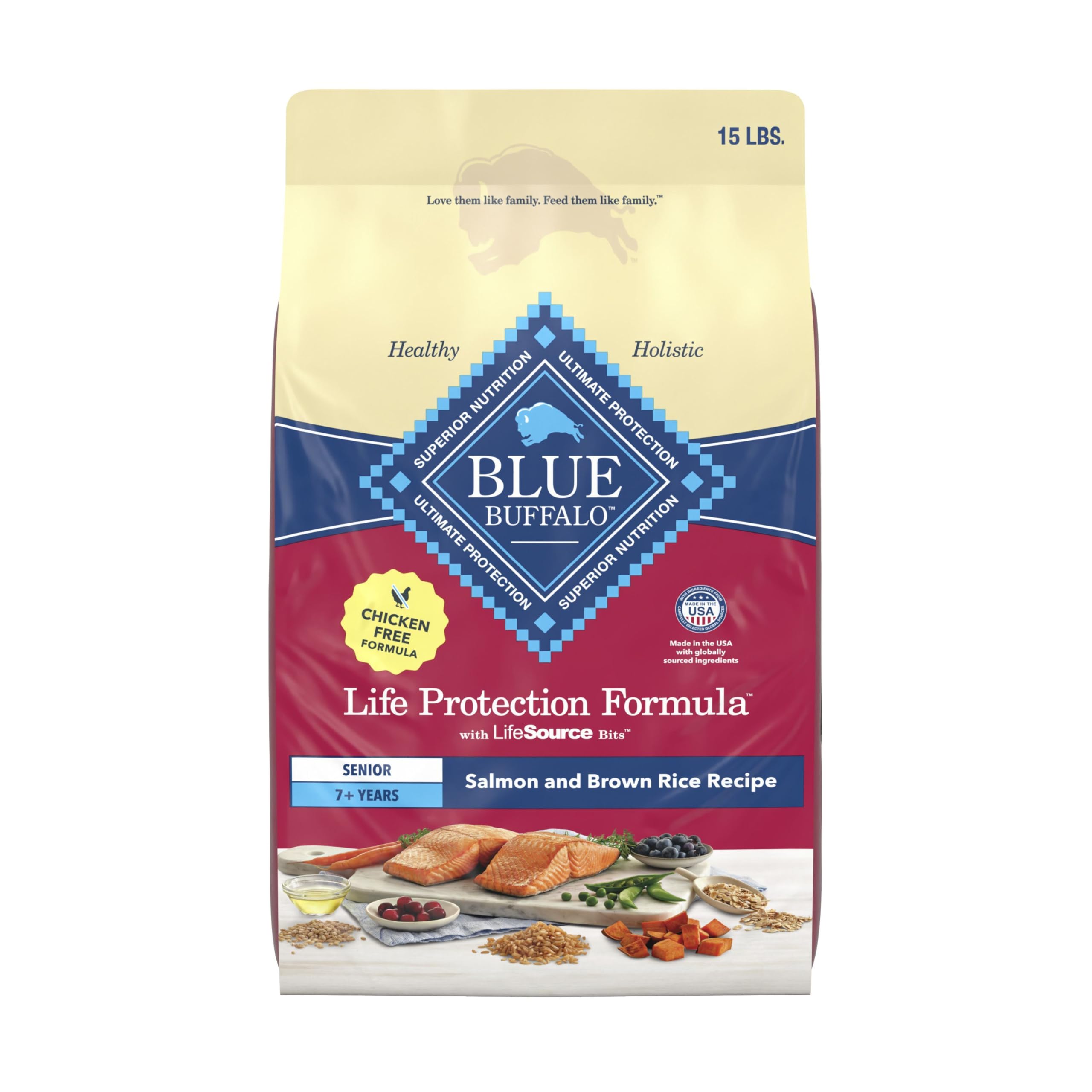 Blue Buffalo Life Protection Formula with LifeSource Bits, Senior 7+ Dry Dog Food, Salmon and Brown Rice Recipe, Chicken Free Formula, 15 lb. Bag