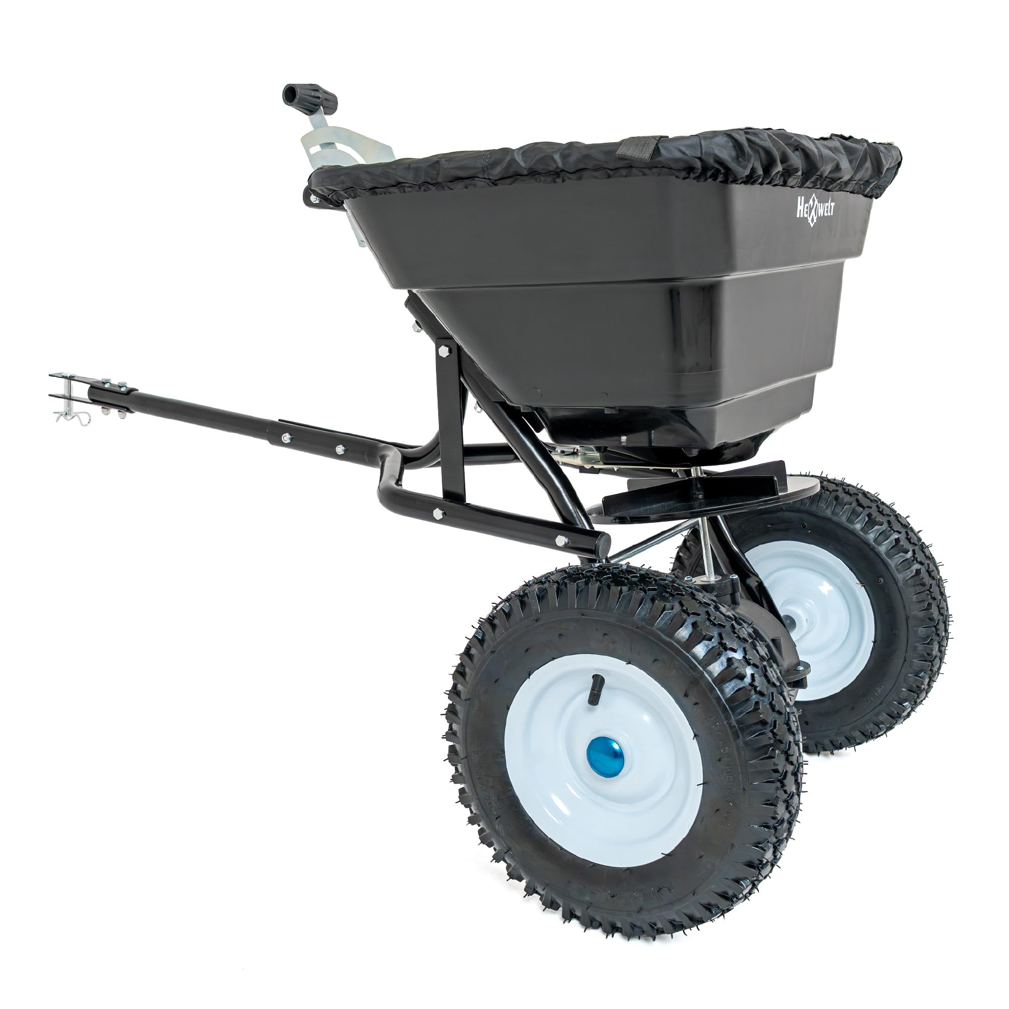 Streuwagen 30L für Rasentraktor, Anhängestreuer 3,5 m, Düngerstreuer, Saatgutstreuer für Rasensamen, Salzstreuer und Sandstreuer mit Luftreifen, HW-SPREADER