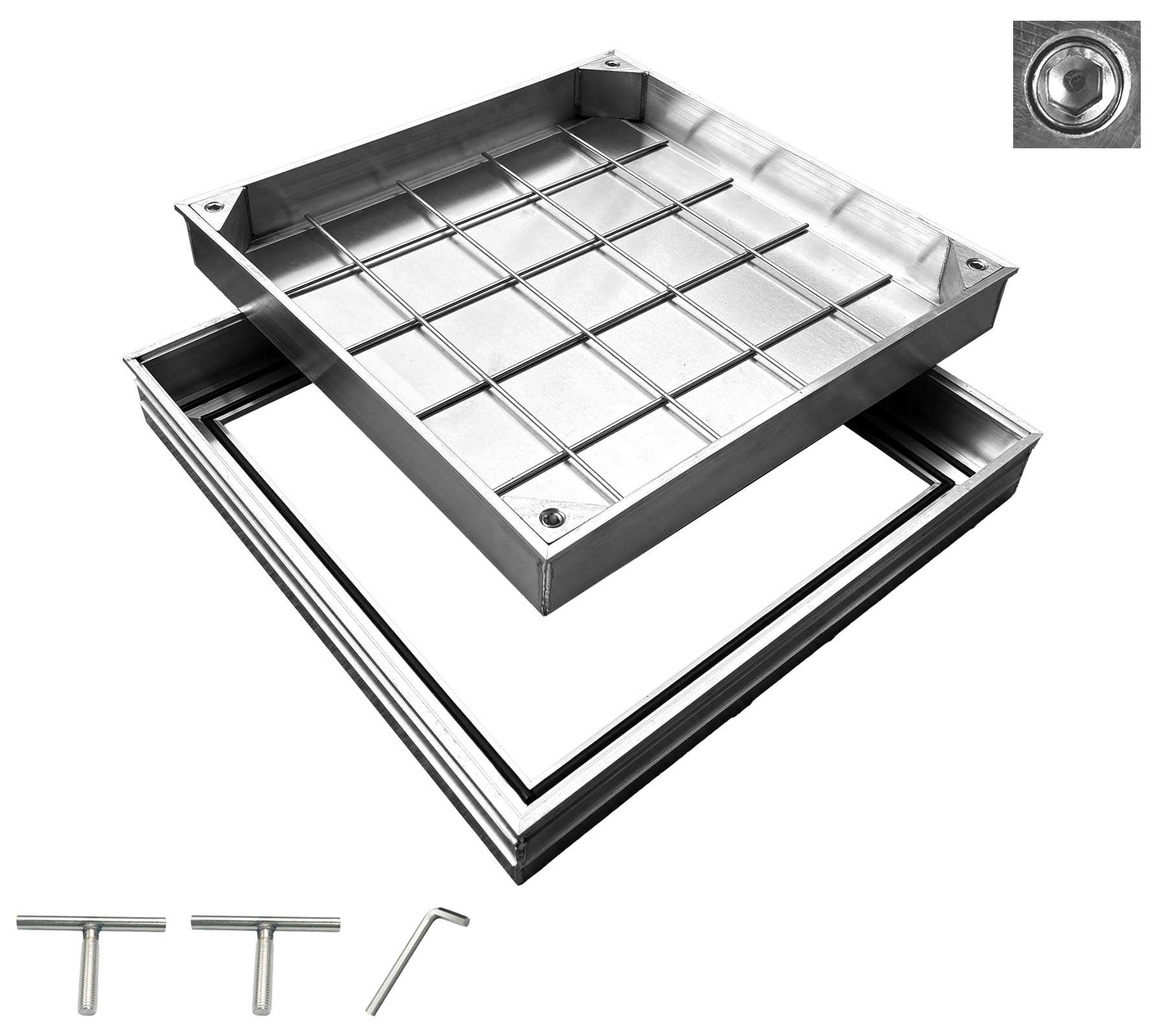Copertura per pozzetti in alluminio, 400 x 400 x 55 mm, in alluminio, con cornice EN124 A15, coperchio quadrato per canali, coperchio invisibile per scene interne ed esterne