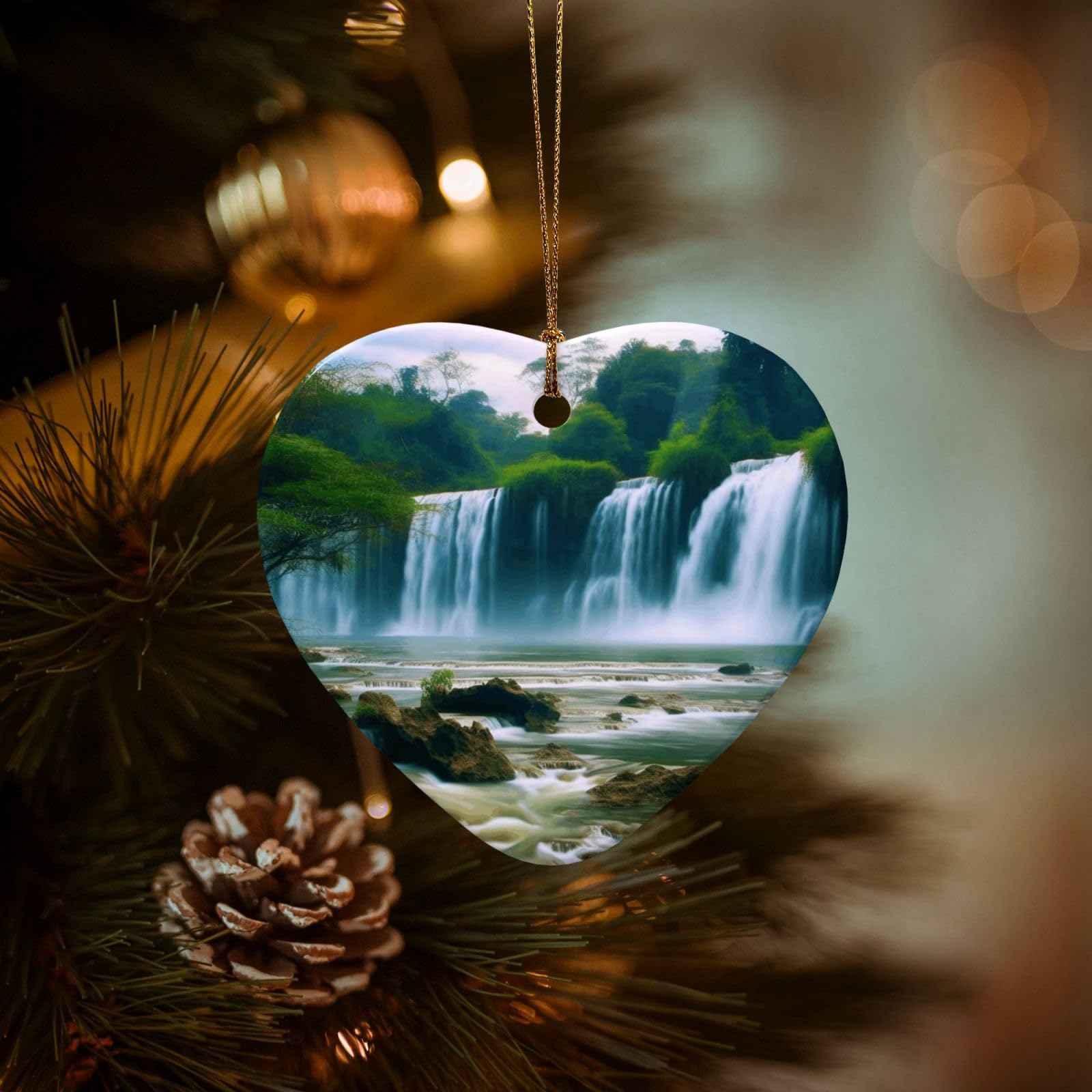 Christmas Ornaments for Christmas Tree Decoration Hanging Waterfall Scenery Ornament with Gold Ribbon Crafts Heart Shape Ceramic Pendant for Keepsake Gifts Xmas Decor Party Supplies