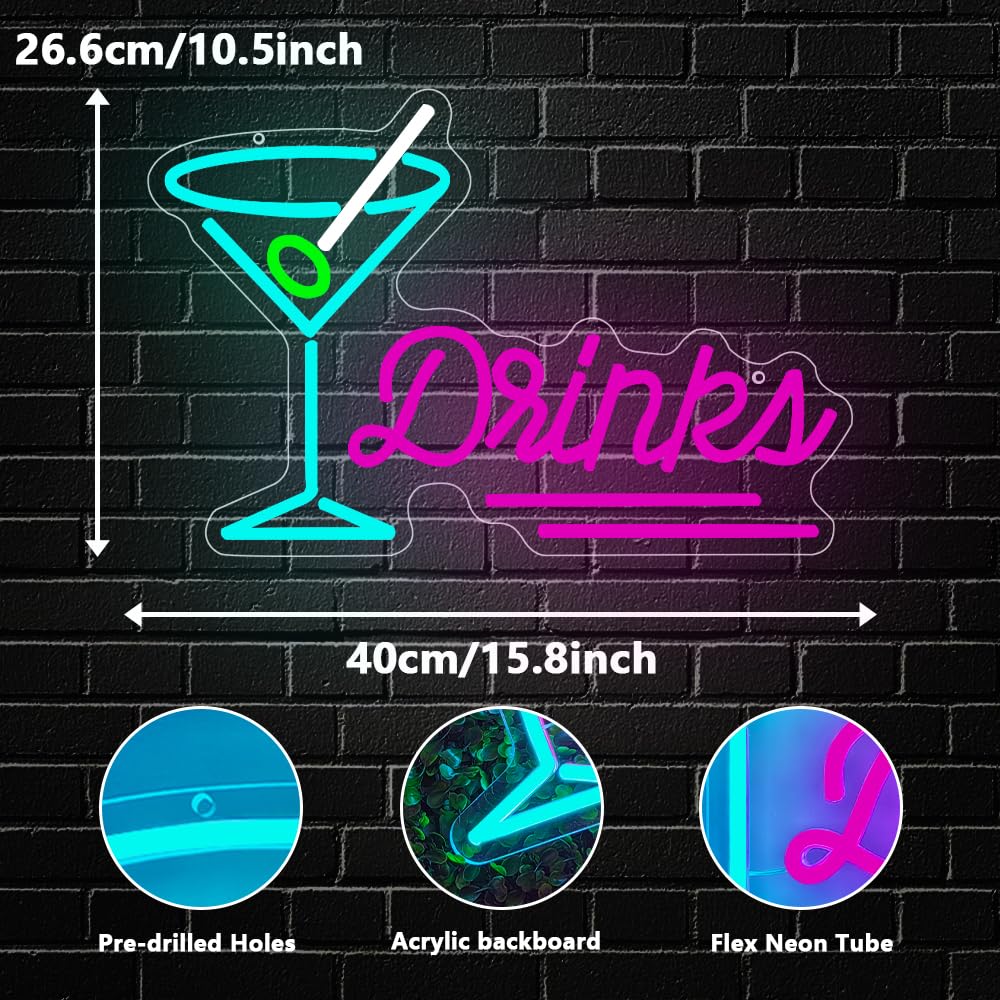 Cocktail Neon Light Sign for Wall Art Decor,Cocktail Drinks LED Light for Home Bar Bedroom Club Party Pub Man Cave,Drinks Bar Colourful Dimmable Neon Sign Gift for Men Women USB Powered(15.8"*10.5") - Image 4
