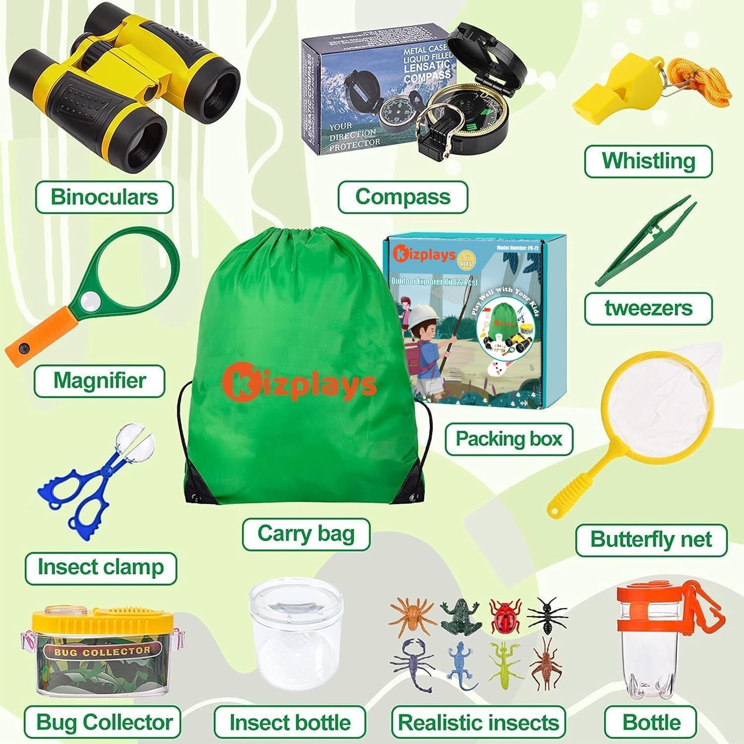 Kizplays Set Explorer Outdoor Giocattoli, Binocolo per Bambini Set Esploratore Avventuriero per Bambini 22 Pezzi con Pinzette Acchiappasetti Bussola Lente d'ingrandimento
