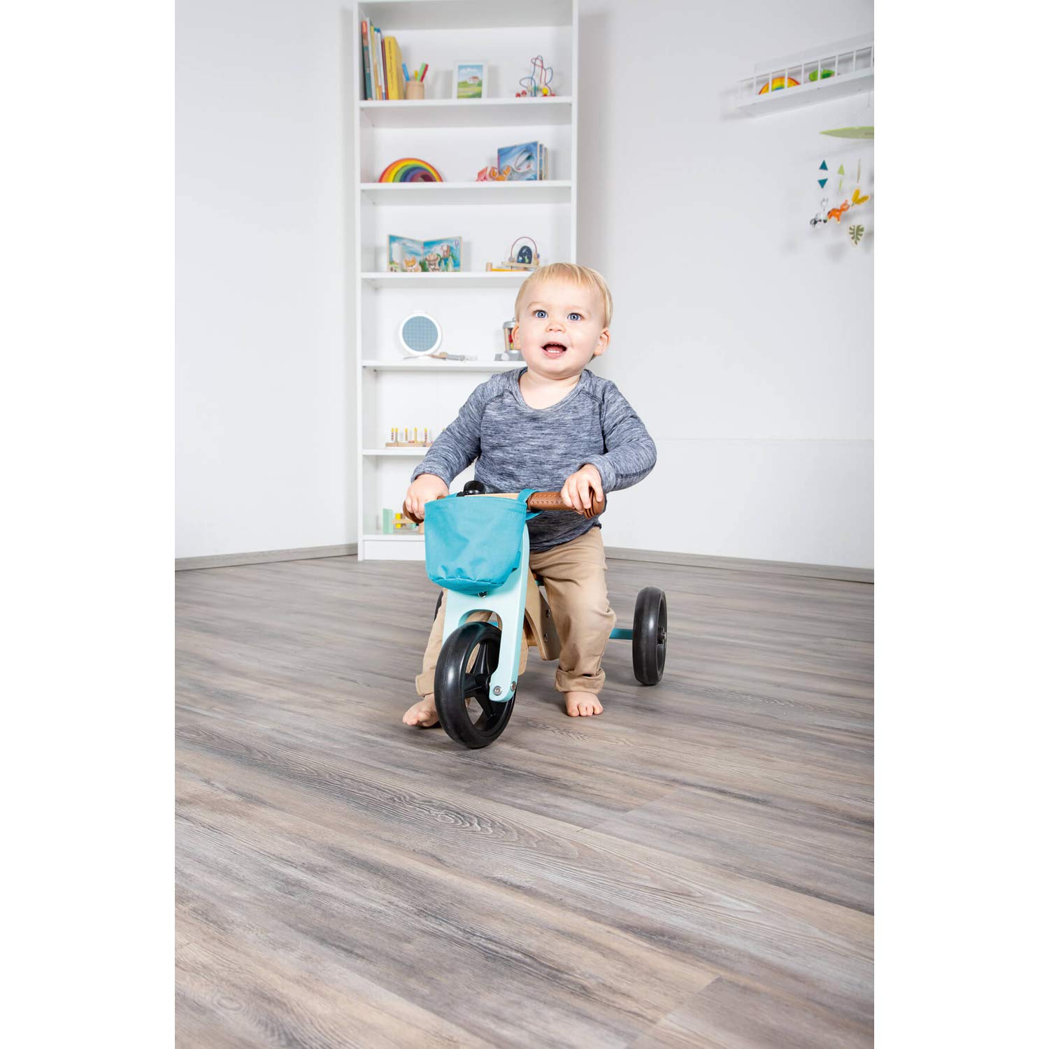 small foot Biciclettina Triciclo turchese in legno, 4 in 1 con sella regolabile e ruote gommate, da 1 anno, 11610