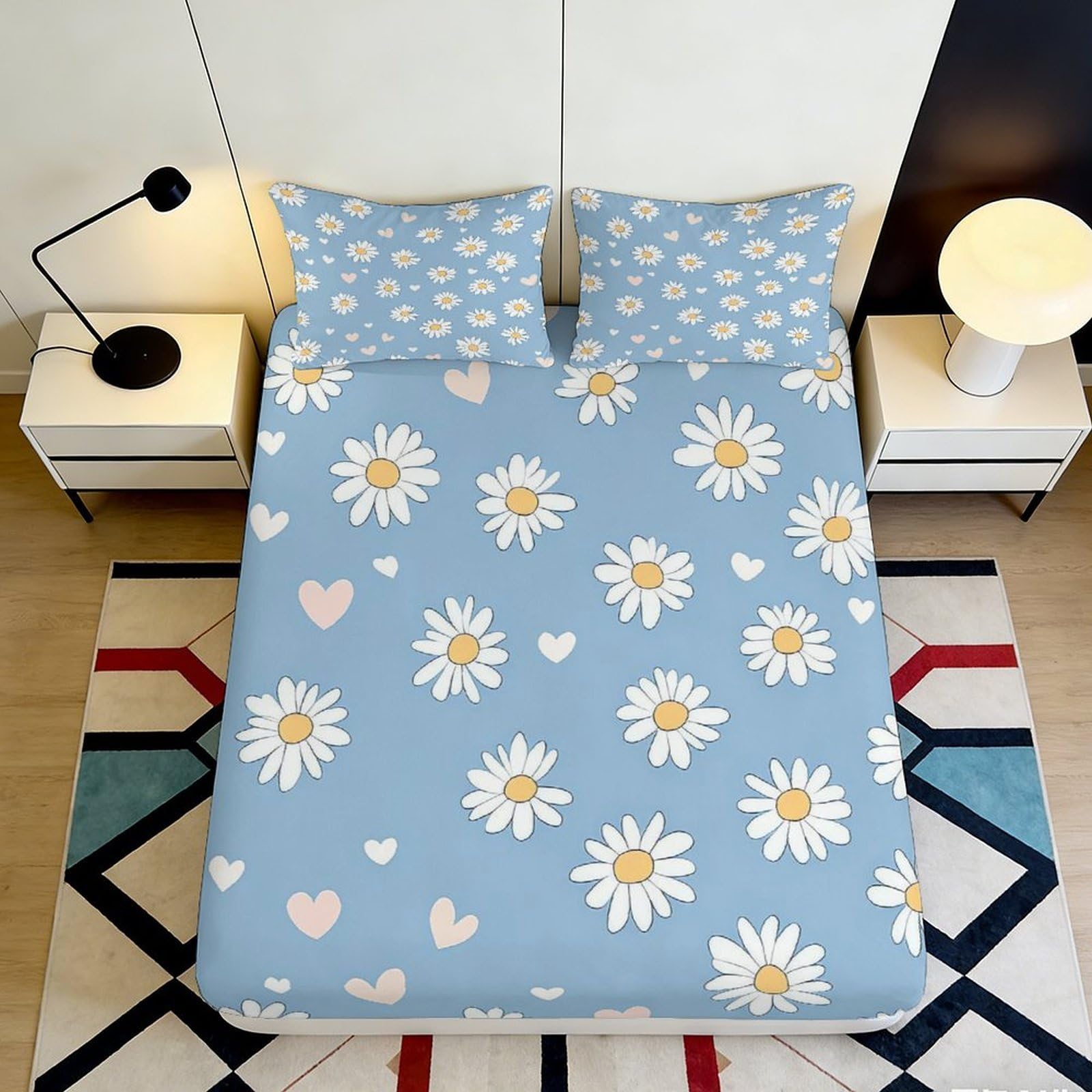 3D Printed Daisy Fitted Sheet Microfiber Deep Pocket Non-Slip Daisy Mattress Fitted Cover Washable for Bedroom Bedding All Ages 140x200x25cm
