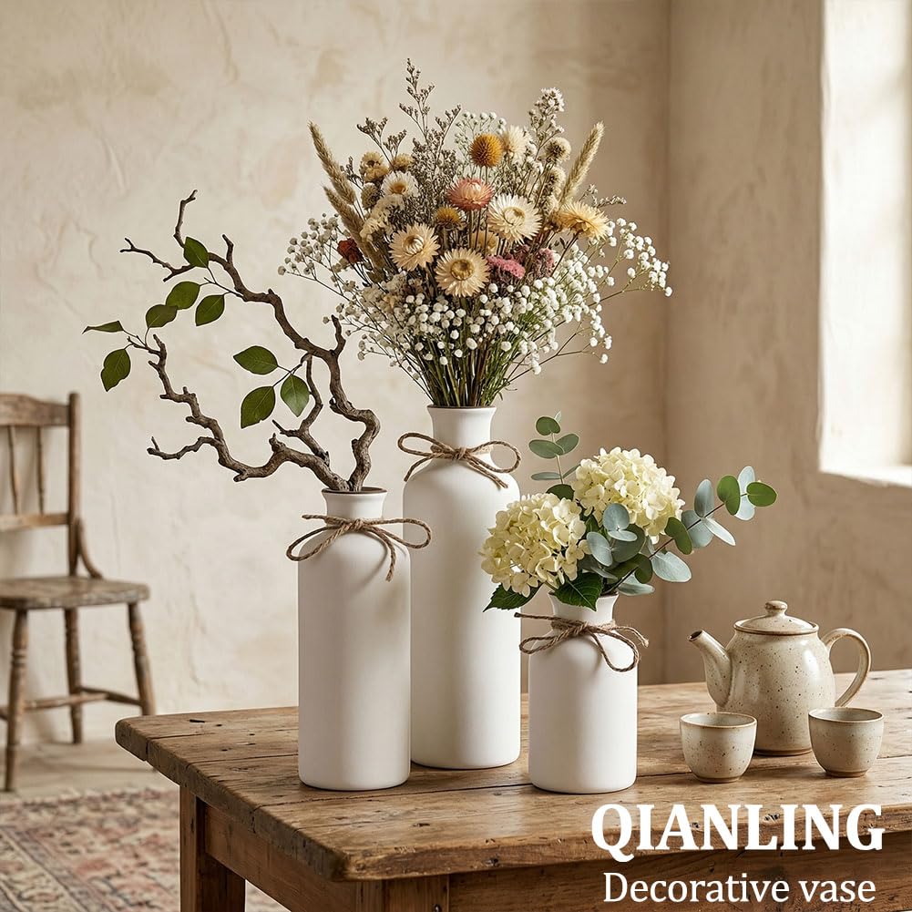 Keramikvasen-Set in Weiß, 3 kleine Vasen, minimalistische Boho-Deko, modern, Landhausstil, Mittelstücke fürs Wohnzimmer, Eingangsbereich, Bücherregal, Kaminsims und Regaldekoration
