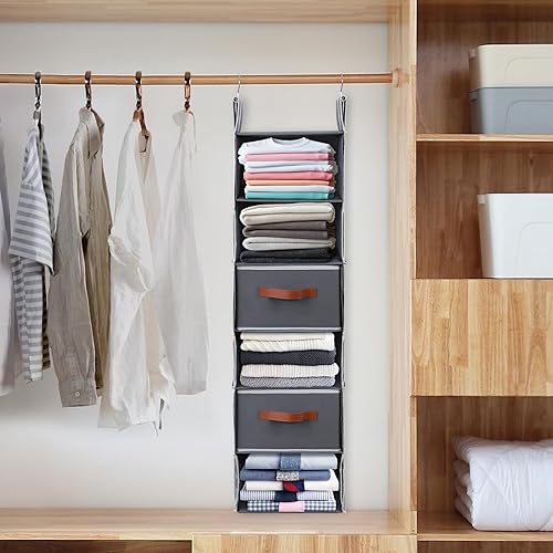Miniatura 7 de Posprica Organizador de armario colgante intercambiable de 6 niveles con 2 cajones, almacenamiento de tela plegable de doble cara con ganchos de