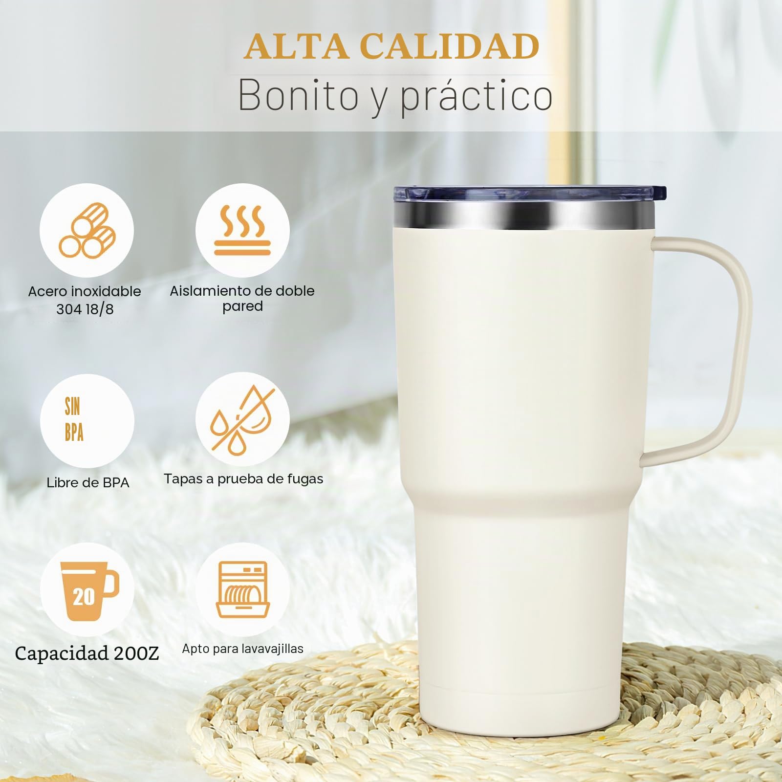 Livole Taza de viaje de 20 onzas con asa, vaso aislado de 600 ml con popote y 2 tapas, botella de agua al vacío de doble pared, tazas de café térmicas de viaje de acero inoxidable para bebidas frías,