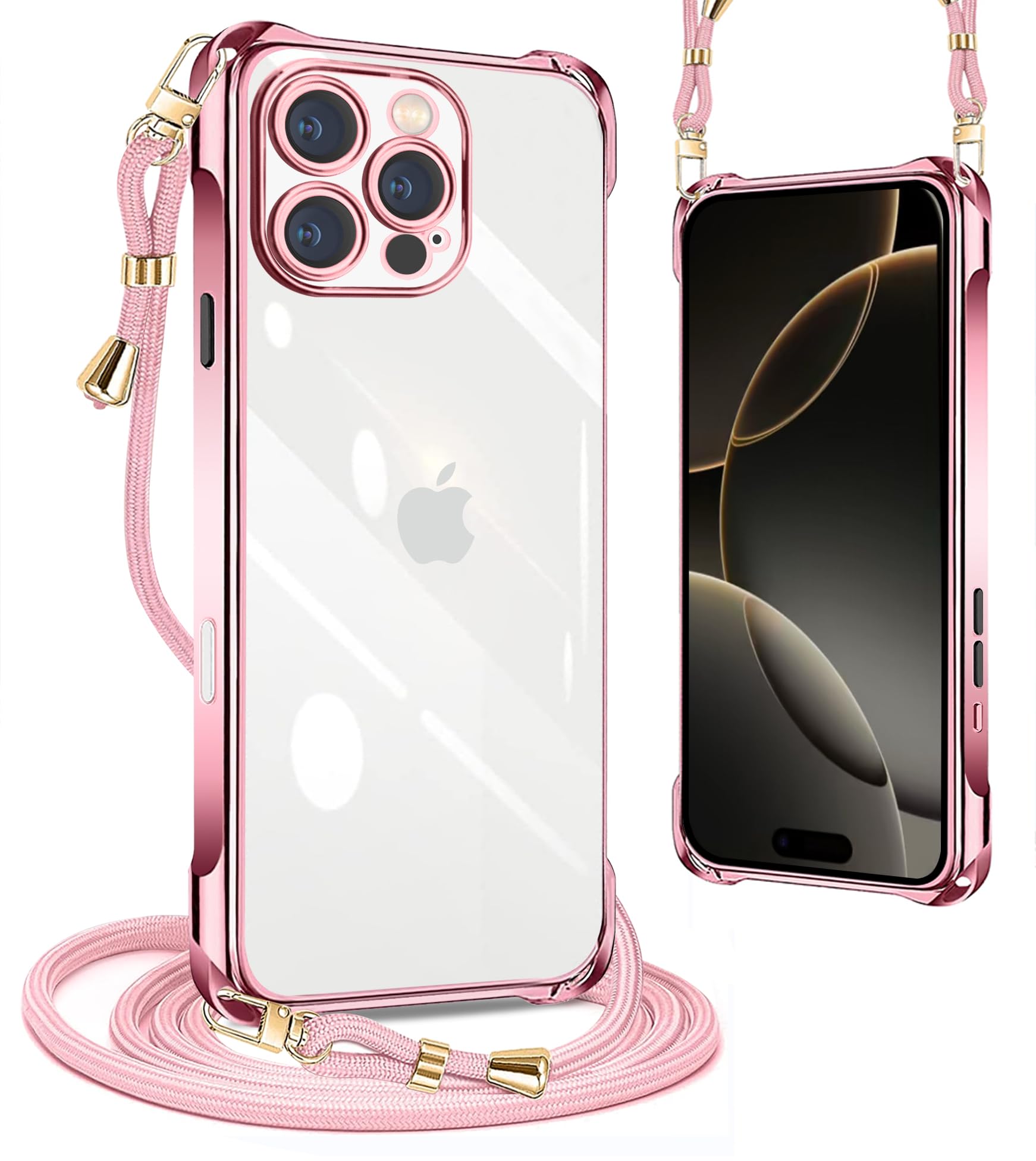 PAILAIMEN iphone 16 pro max ケース 2024年発売 クリア ネック ショルダー 耐衝撃 ストラップ付き iphone16 pro maxケース アイフォン16 pro max カバー 透明 TPU スマホ シリコン 紐付き 斜めがけ 織りストラップ付き 肩掛け 縦/横 2WAY 調節可能なショルダー クロスボディ 多目的キャリー ファッションデザイン(ローズゴールド)