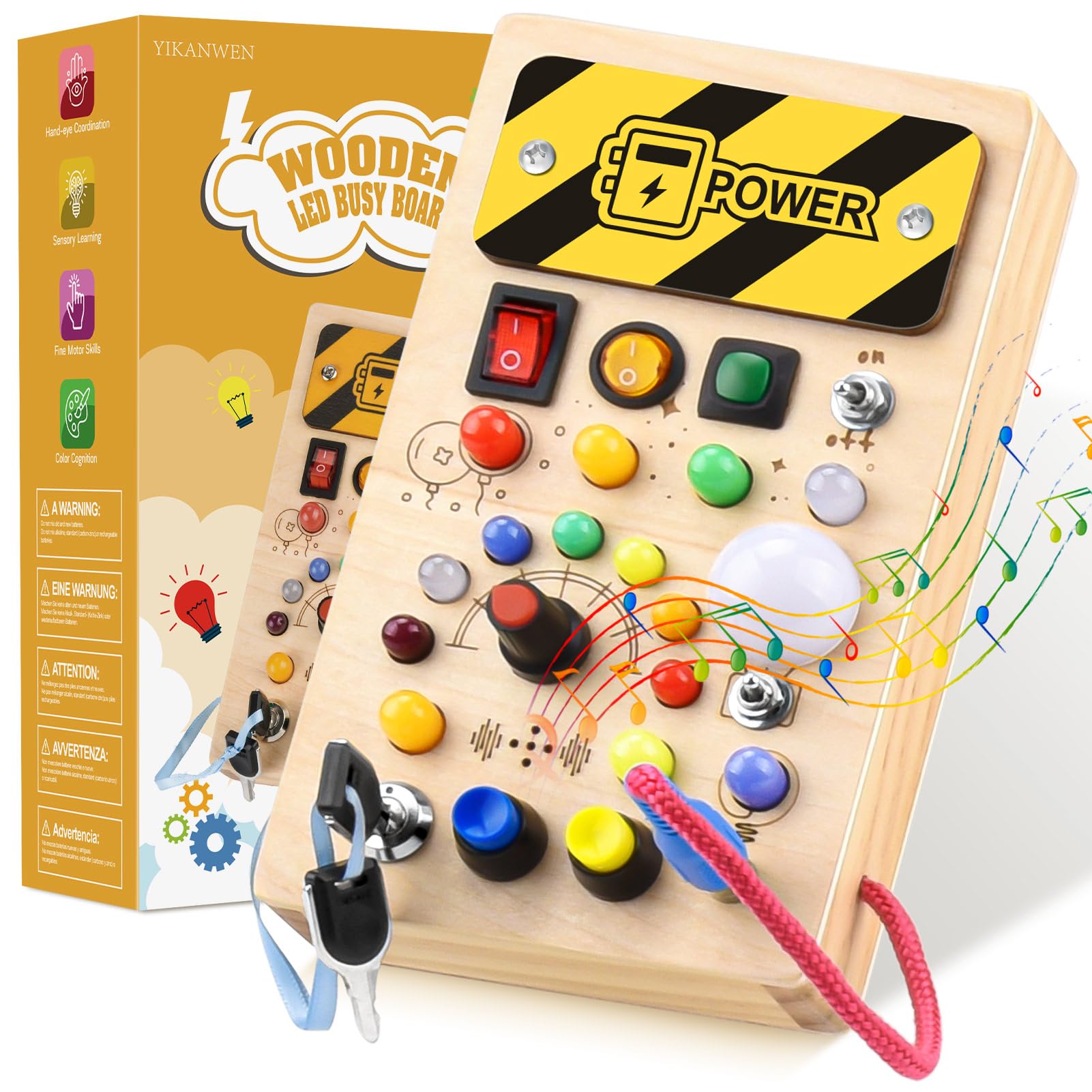 YIKANWEN Montessori Busy Board Da 1-4 Anni, Giocattolo in Legno Con Musica e 10 LED Interruttore Della Luce, Educativo Sensoriale per Neonati e Ragazzi