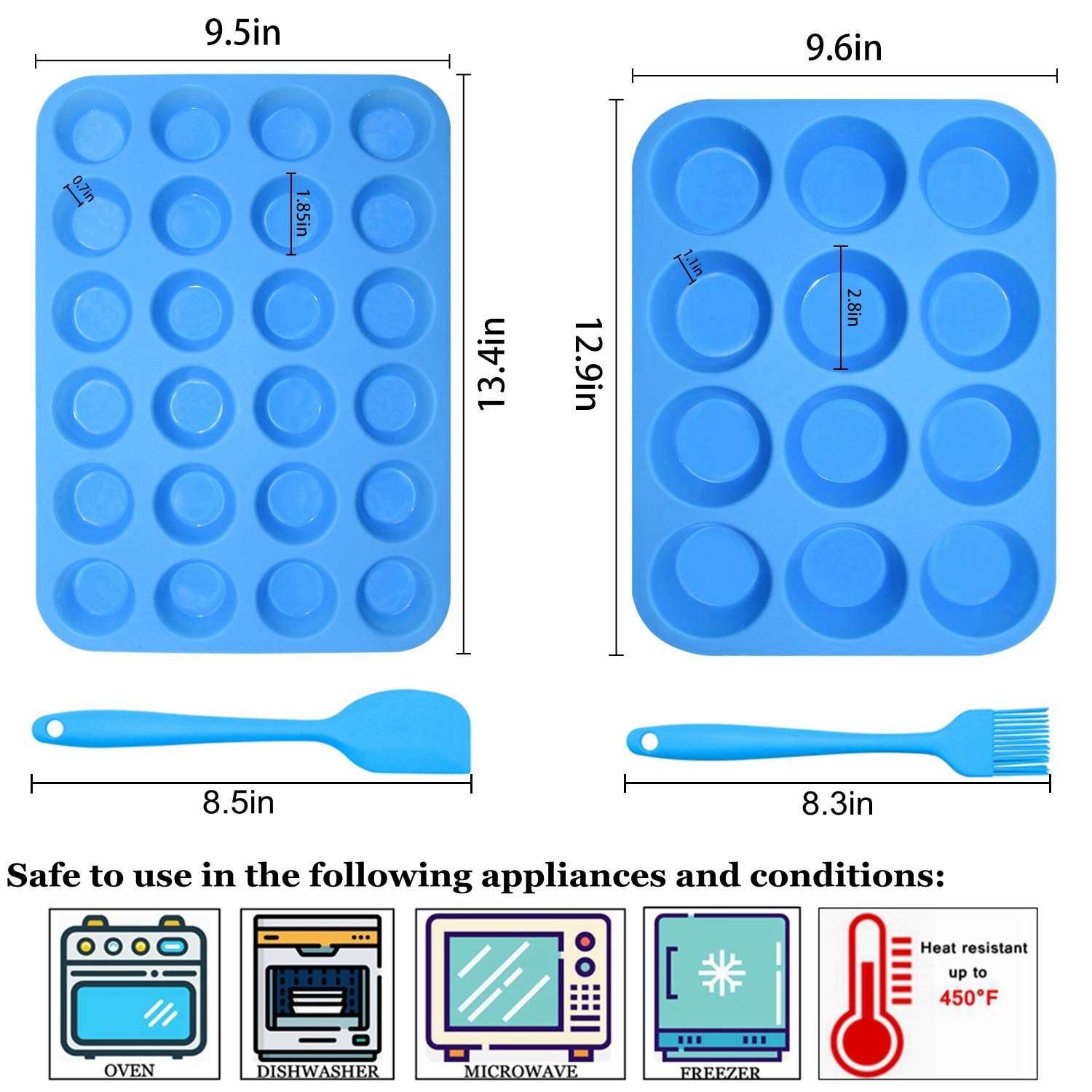Silikon Muffinform Set - Regular 12 Tassen und Mini 24 Tassen Muffin Cupcake Backform, Cupcakes, Lebensmittelqualität Silikon Muffinformen mit 1 Silikon Spatel & 1 Ölpinsel (Blau)