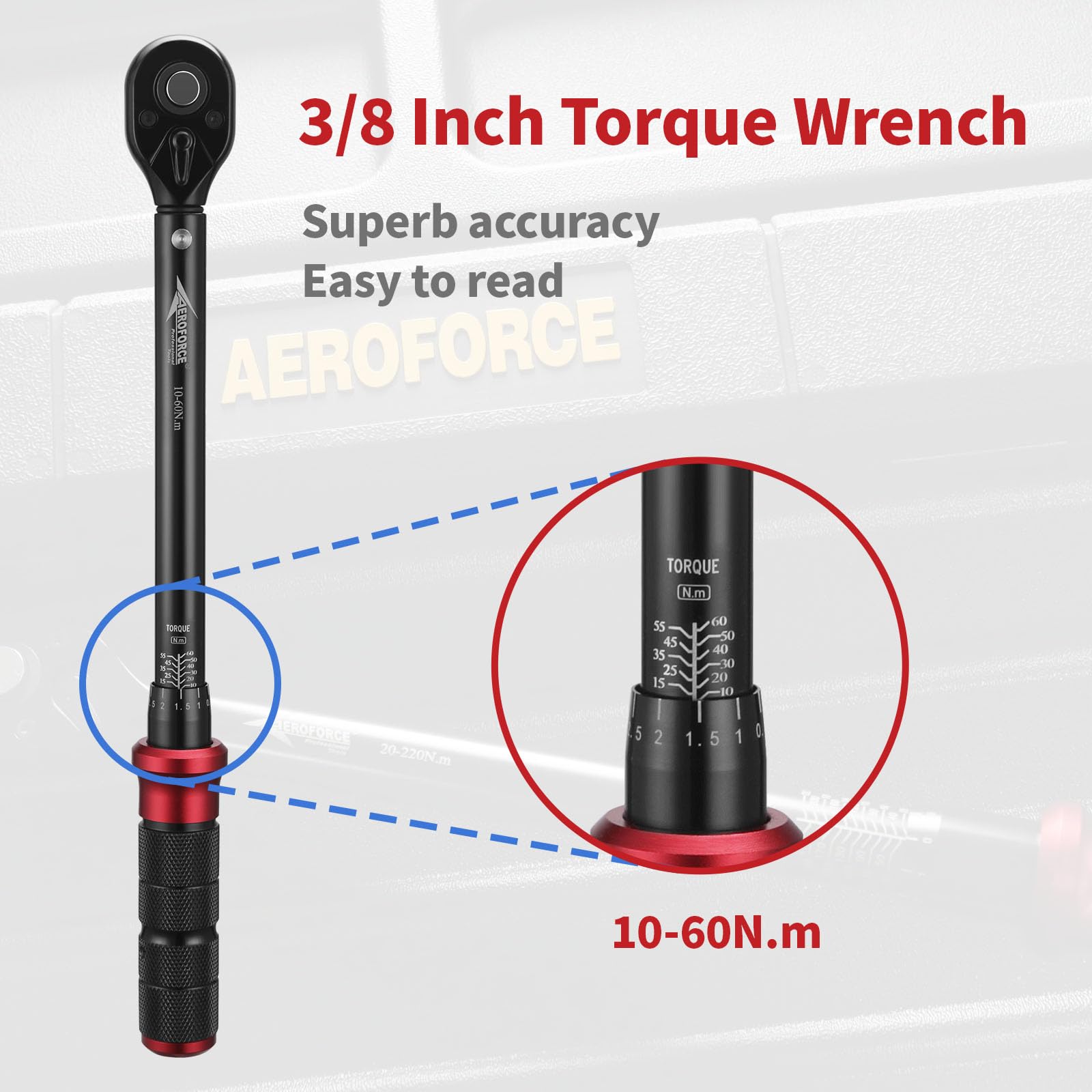 AEROFORCE Chiave dinamometrica 3/8" 10-60 Nm, doppia direzione inversa, precisione di errore ±3%
