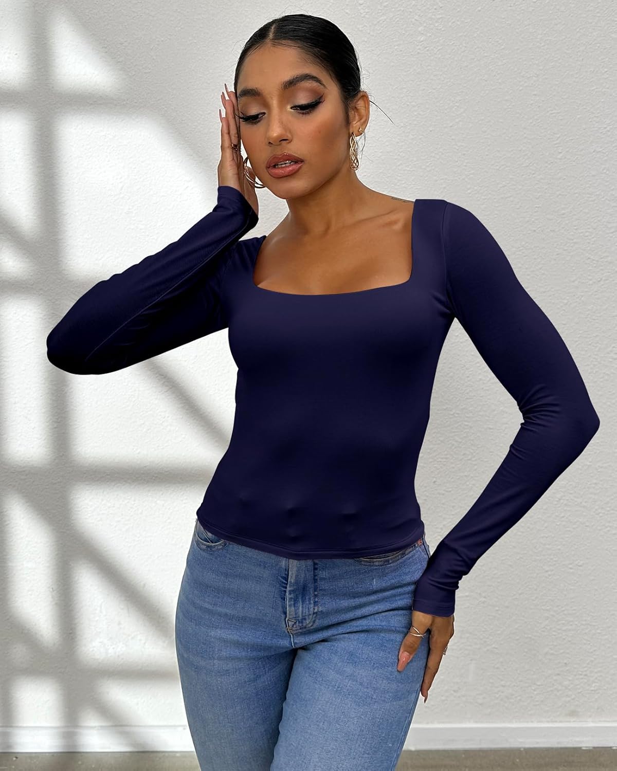 Dwnval Long Sleeve Shirts for Women - Basic Slim Fit Double Lined Square Neck Crop T Shirt - Image 4