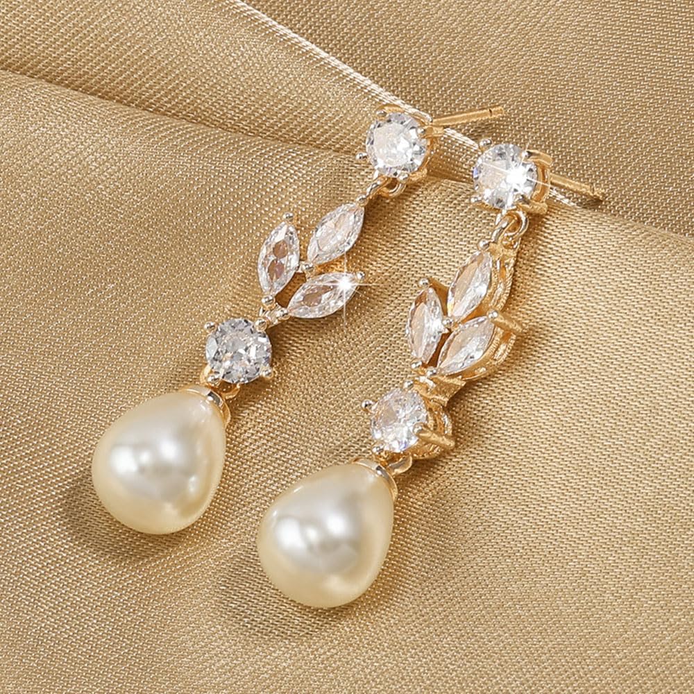 Silver Pearl Dangle Earrings for Women Sparkly Gold Rhinestone Statement Drop Earrings Cute Teardrop Pearl Dangly Earring Trendy Wedding Jewelry Gift - Image 4