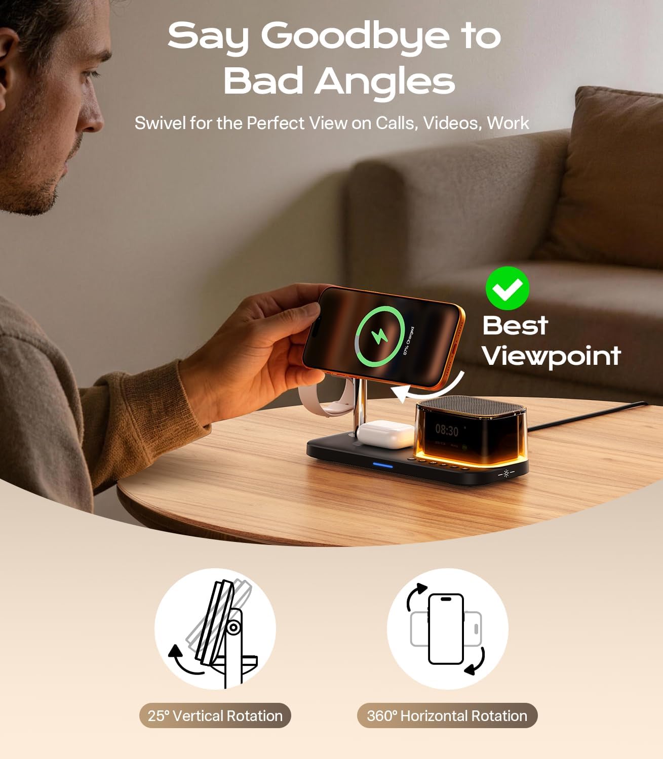 45W 5 in 1 Charging Station with Bluetooth Speaker and Alarm Clock & Night Light, Qi2.2 25W Fast Wireless Charger for MagSafe Charger for iPhone 17/S26 Ultra, Charger Stand for iWatch & Galaxy Watch