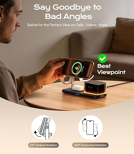 Miniatura 8 de Estación de carga 5 en 1 de 45 W con altavoz Bluetooth y reloj despertador y luz nocturna, cargador inalámbrico rápido Qi2.2 de 25 W para cargador