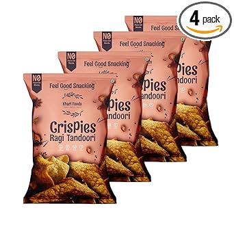 Khari Foods Ragi Crispies, Tandoori Flavoured Chips, No Palm Oil, No Maida, Millet Goodness, Fibre Rich, Zero Cholestrol, Gluten Free Vegan Snacks (50g x 4 Combo) - image, photos