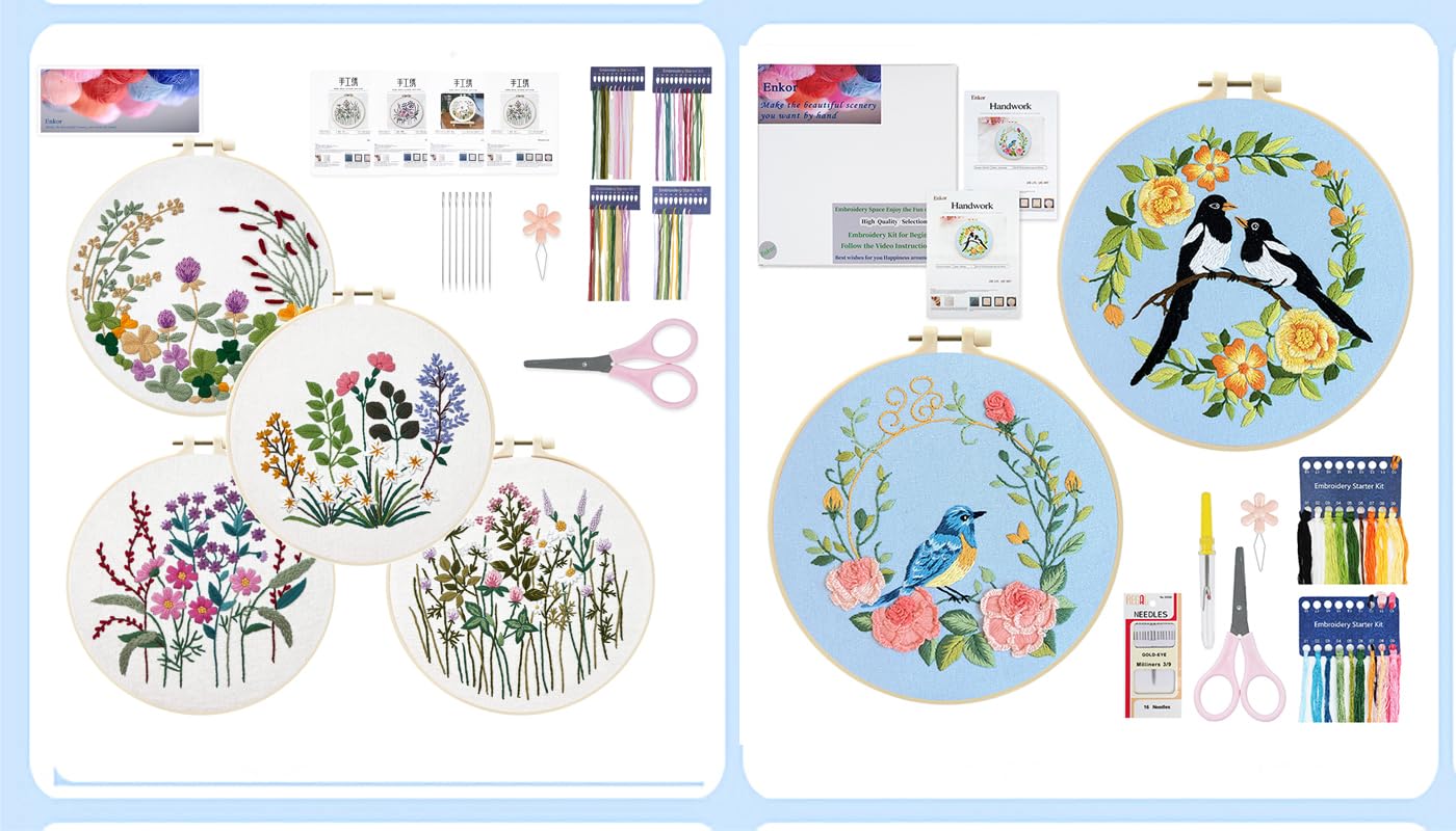 Enkor 6 Sets Embroidery Kit for Beginners Adults, Cross Stitch Kits for Beginner Follow Instruction Video Needlepoint Kits Stamped Embroidery Pattern-Flowers F4+ Bird-Hummingbird Flowers B2