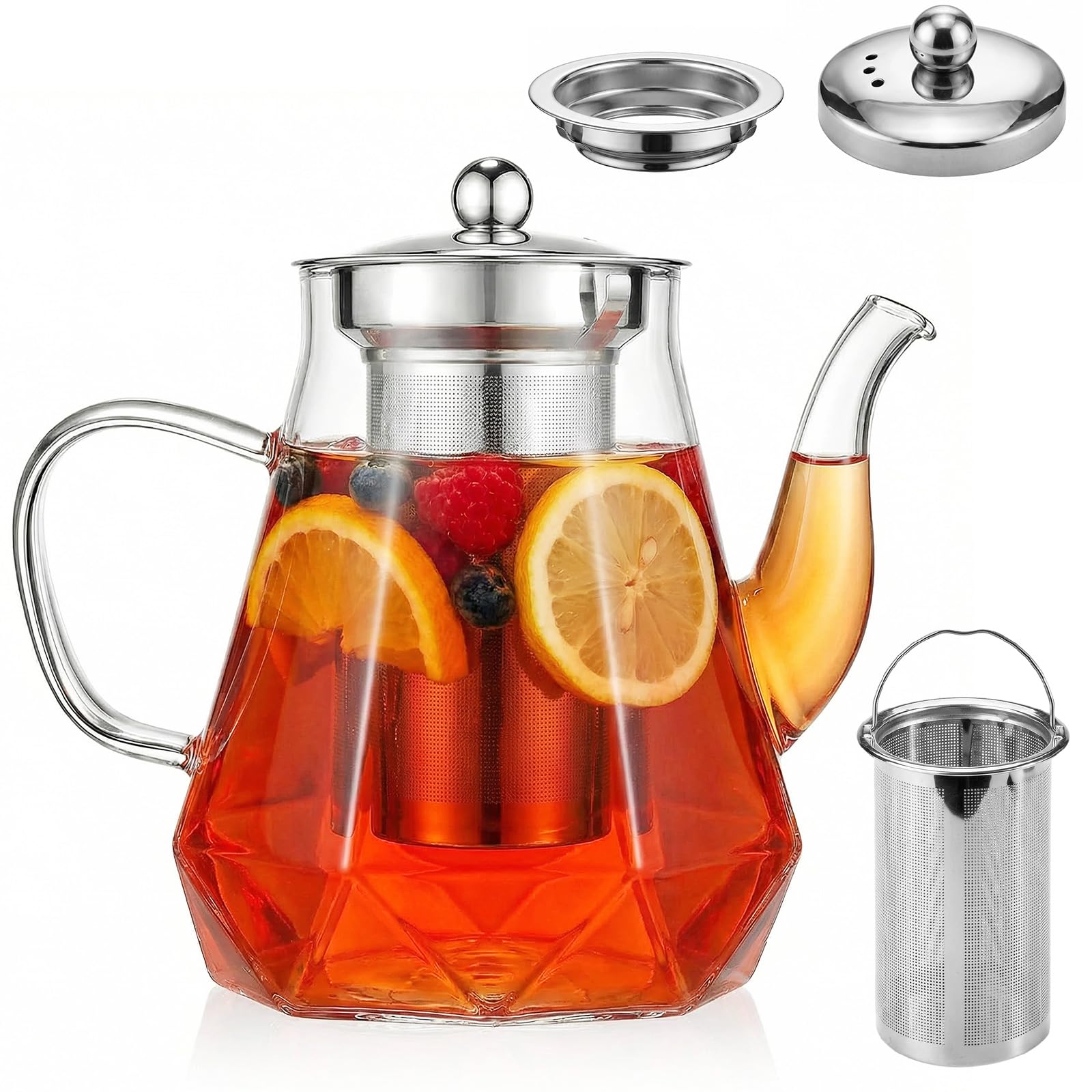 Glass Teapot 1000ml - Tea Pot with Infuser and Lid Borosilicate Glass Teapots with Stainless Steel Strainer for Loose Leaf Tea Large Modern Tea Pot Maker for Hot/Iced Water, Tea Pots for 4-6 Cups