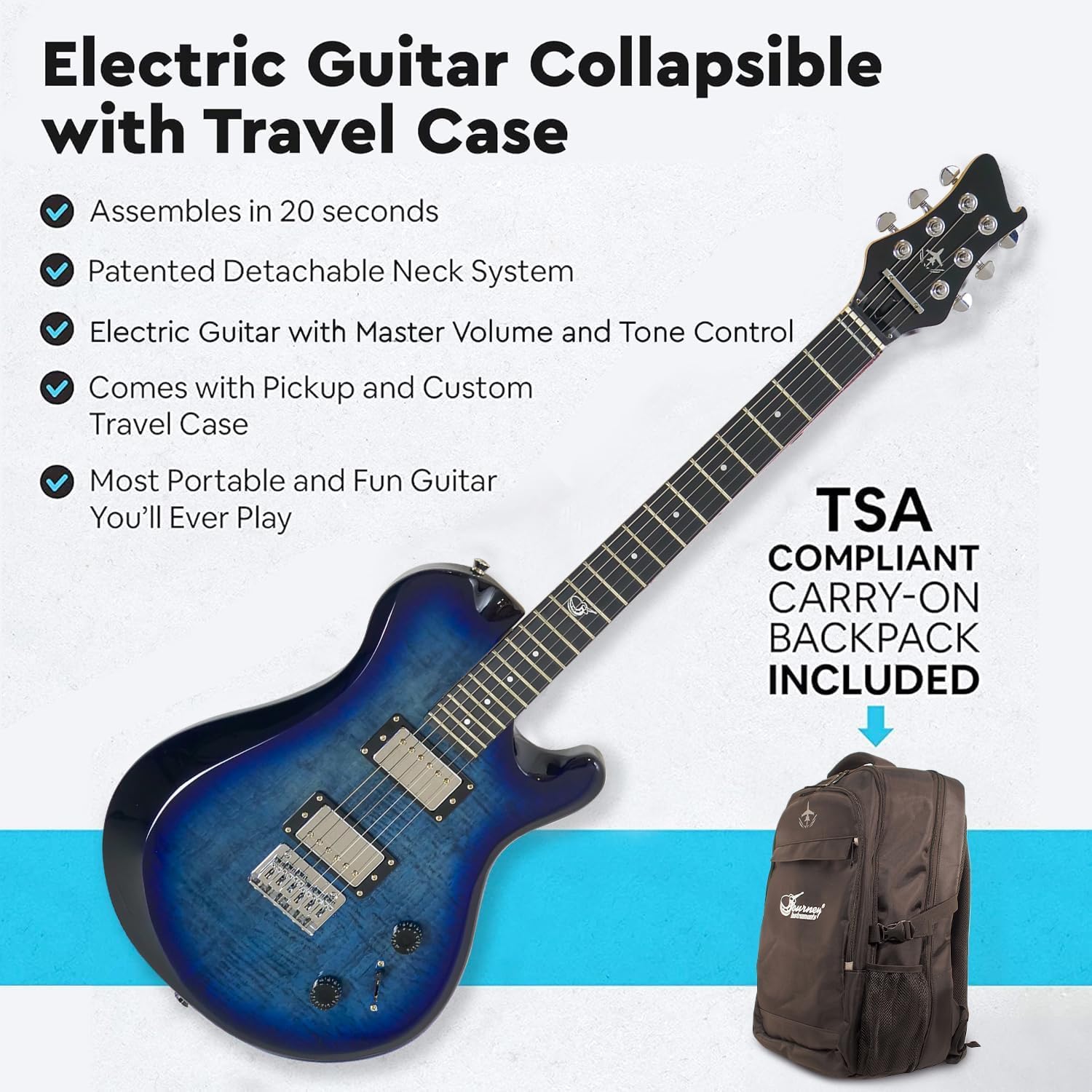 Journey Instruments OE990BL Collapsible Electric Travel Guitar - Folding 25" Scale Full-Size Electric Guitar with Patented Detachable Neck System and Carry-On Backpack Case (Blue)