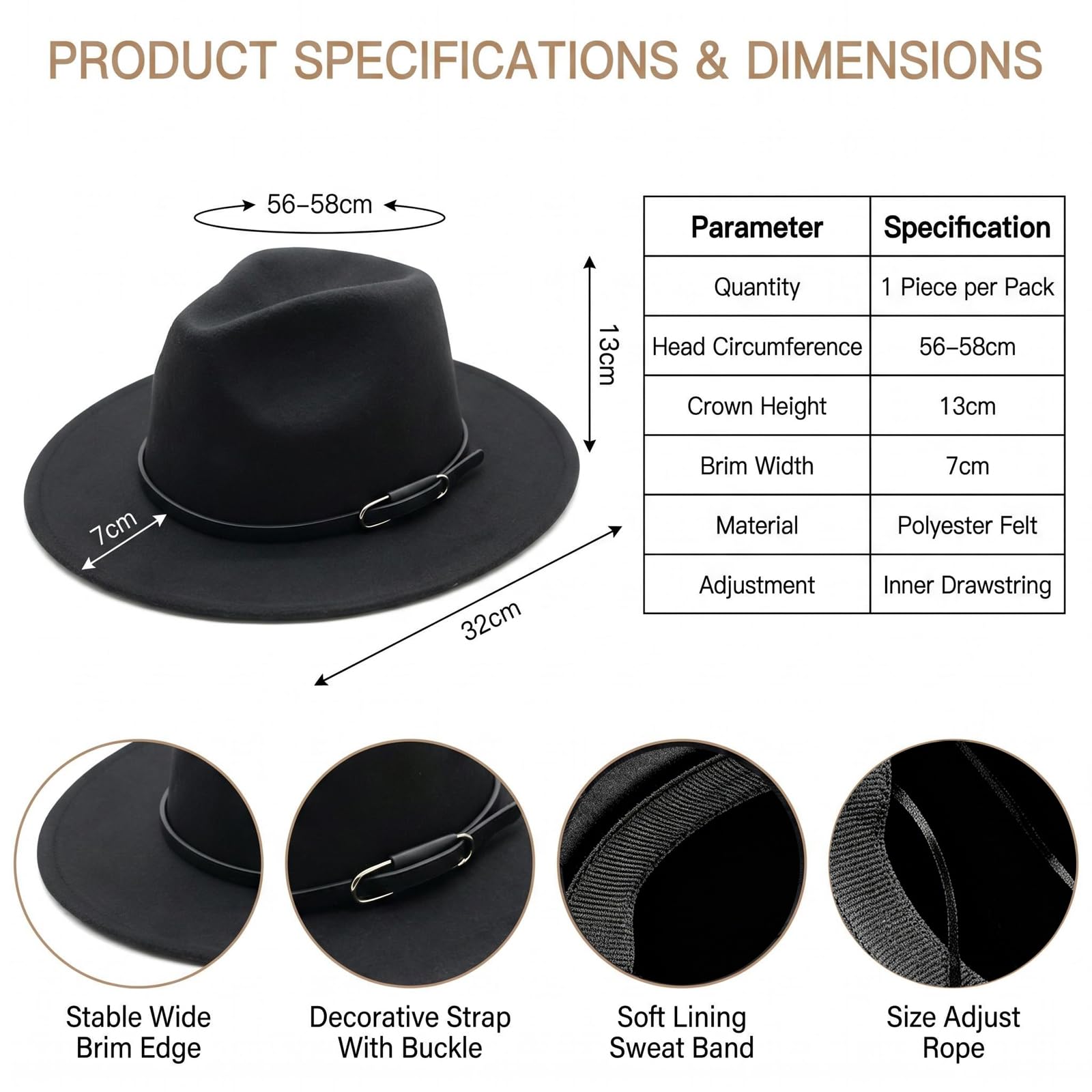 Fedora unisexe classique en laine mélangée avec large bord en feutre Chapeau Panama Trilby Chapeau d'église Derby avec boucle de ceinture Noir