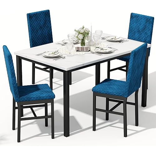 Recaceik Dining Table Set for 4, Kitchen Table and Chairs Set of 4 Modern Faux Marble Dinner Tabletop with Upholstered Velvet Chairs for Apartment Small Space