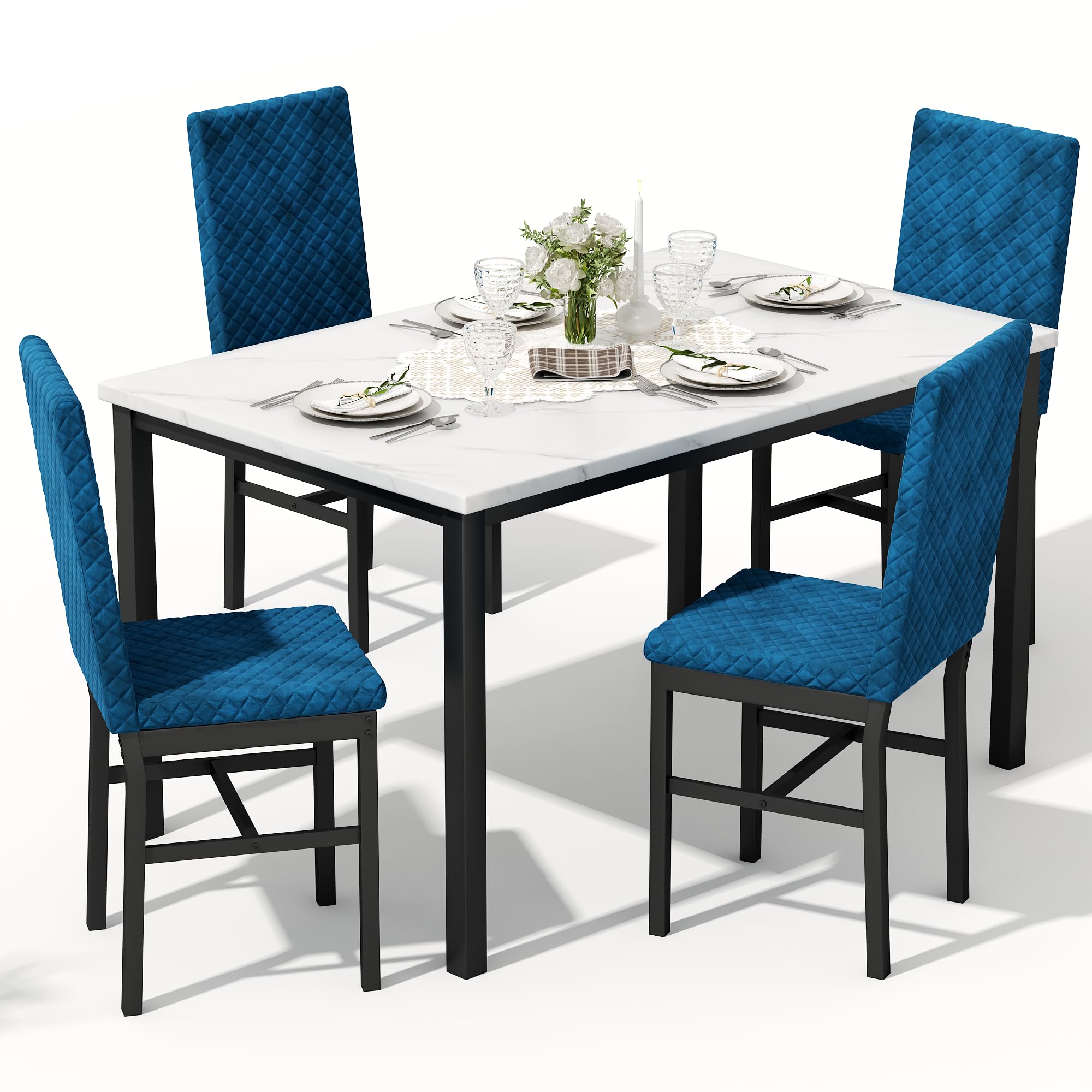 Recaceik Dining Table Set for 4, Kitchen Table and Chairs Set of 4 Modern Faux Marble Dinner Tabletop with Upholstered Velvet Chairs for Apartment