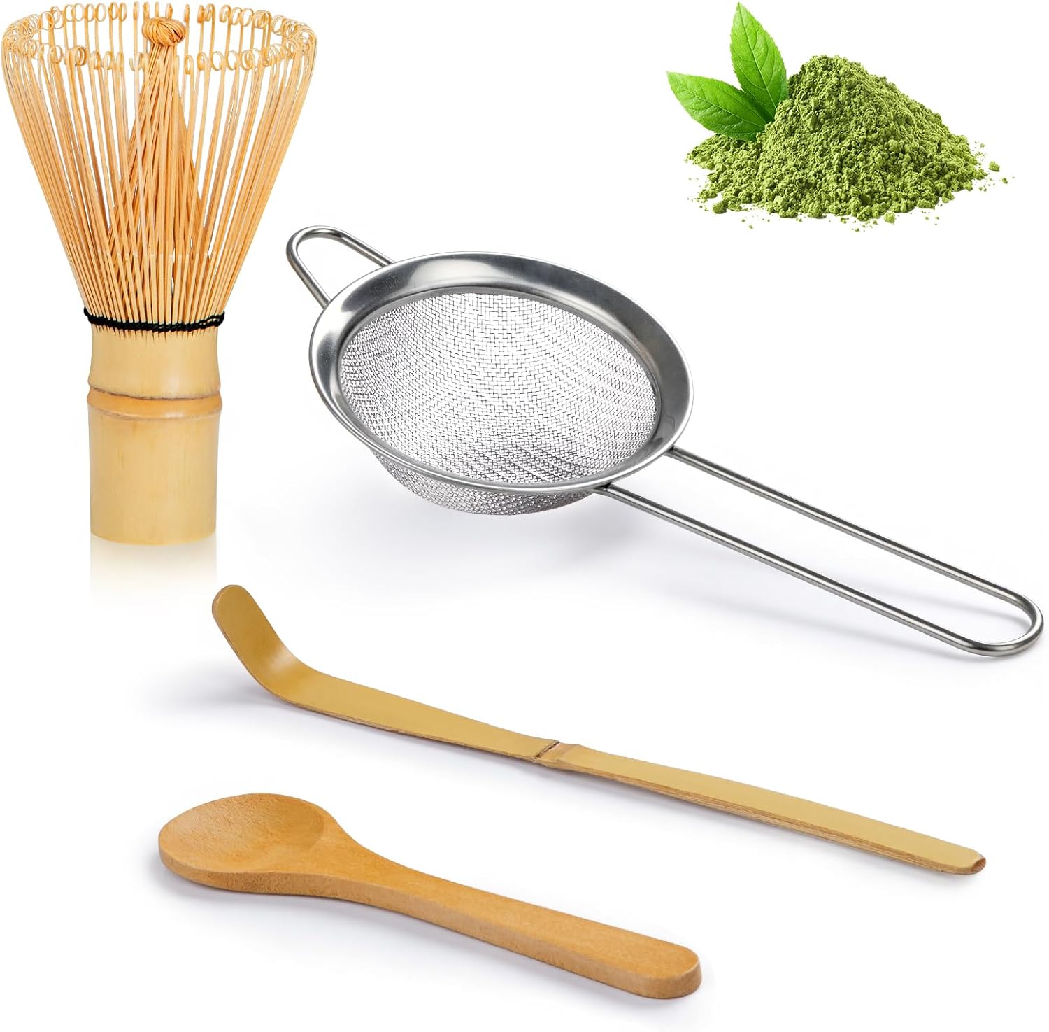 Matcha Ceremony Accessory, ThymeSpace Bamboo Matcha Whisk, Traditional Scoop, Wooden Spoon, Stainless Steel Sifter