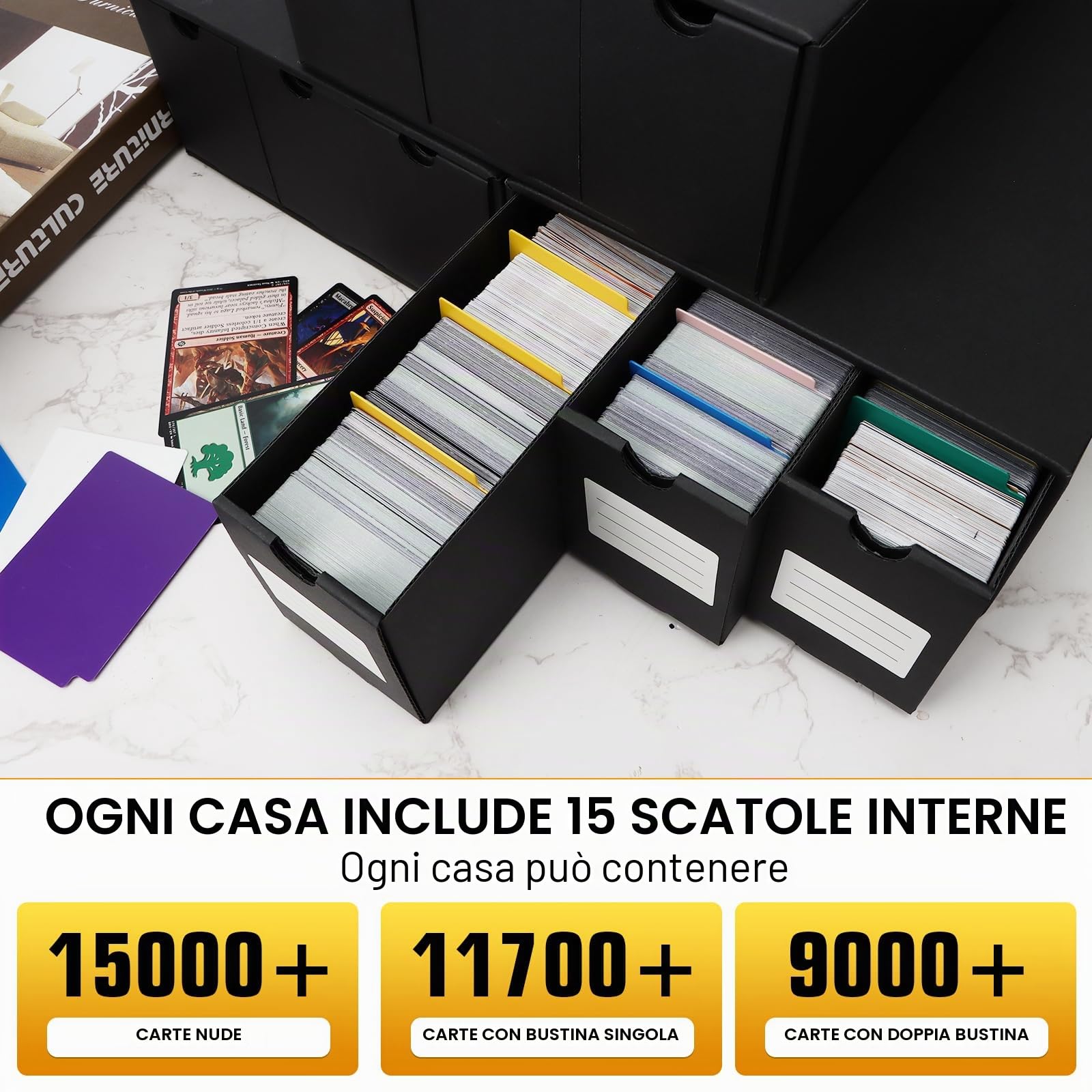 HIMOMO Scatola Porta Carte per 14000+ Carte, Box Porta Mazzo per Carte MTG con 60 Divisori Etichette e Nastro Adesivo, Trading Card Box, Porta Carte per TCG, MTG, PTCG Carte (per 14000+ Carte)