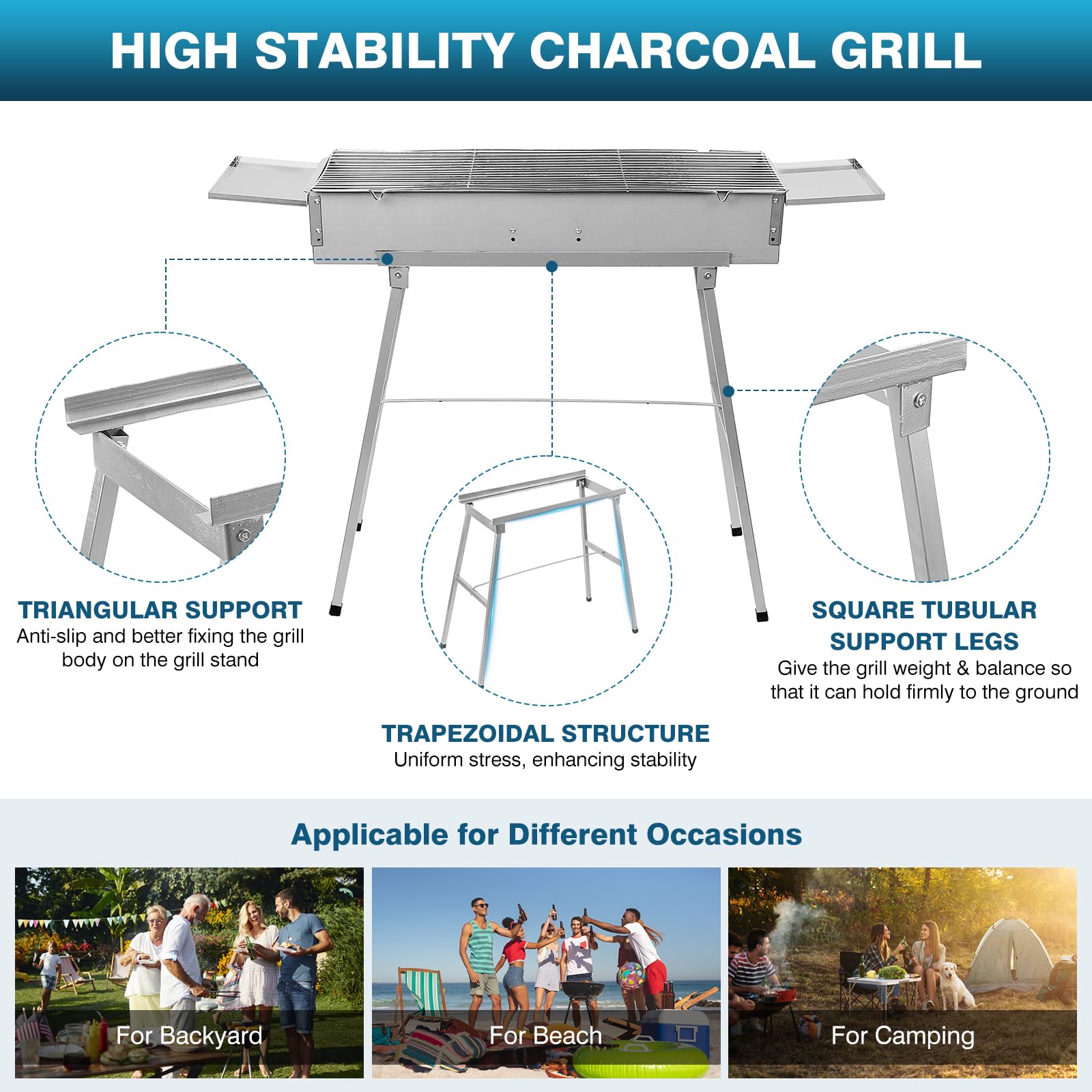 Parrilla de carbón portátil para cocinar al aire libre, 32 pulgadas de largo x 10 pulgadas de ancho, parrilla plegable para acampar con estante de almacenamiento, brochetas de metal para 5