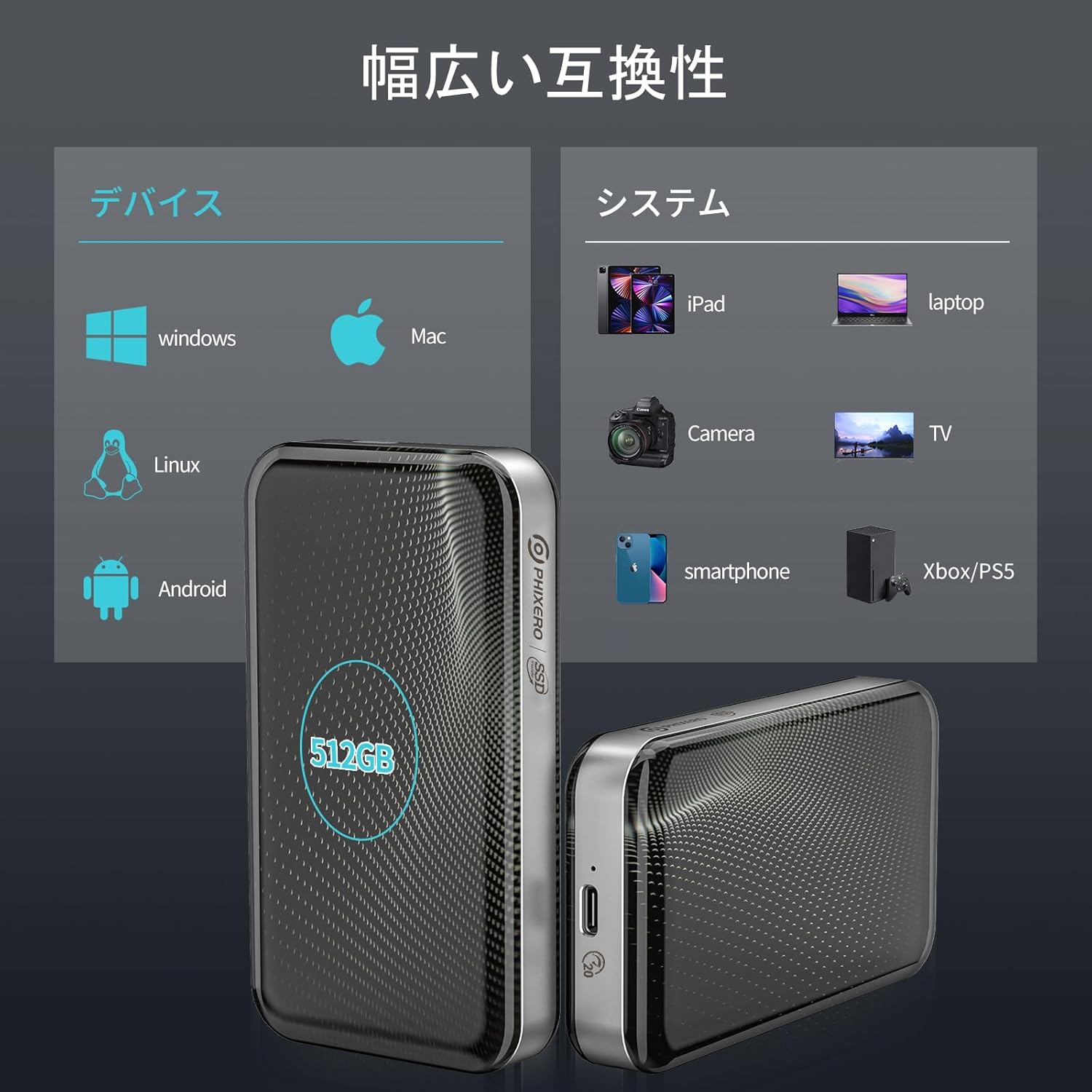 Diagram showing PHIXERO Portable SSD compatibility with various devices and operating systems.