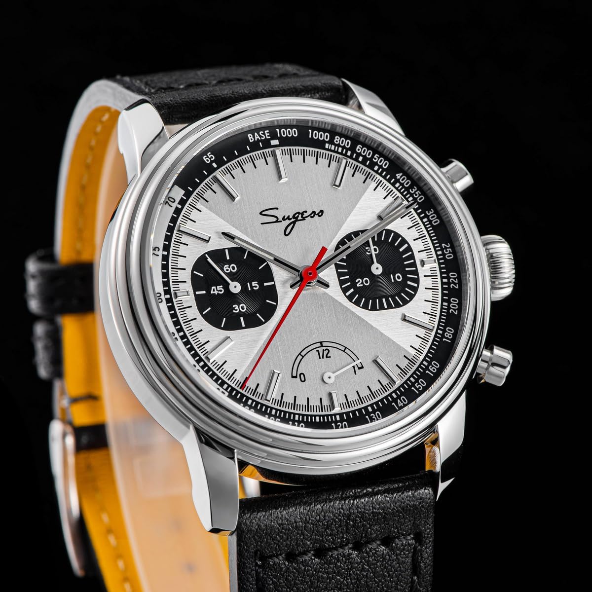 SUGESS Seagull ST1906 Panda 41 mm Ice-White Power Indicator Chronograph schwarzes Leder 1963 BNIB, weiß, Klassisch