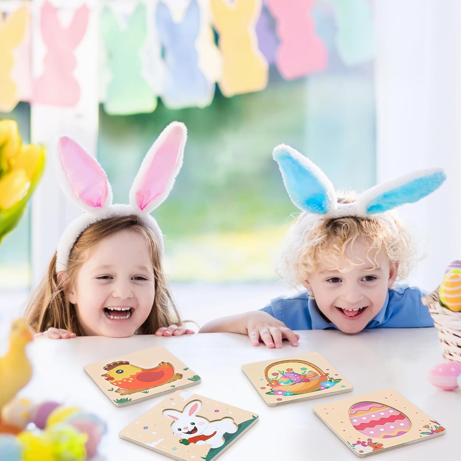 Easter Wooden Puzzles for Toddler - 4 Pack Basket Stuffers Fillers Puzzle Toys for Boys Girls, Jigsaw Learning Educational Gifts Party Favors for Kids