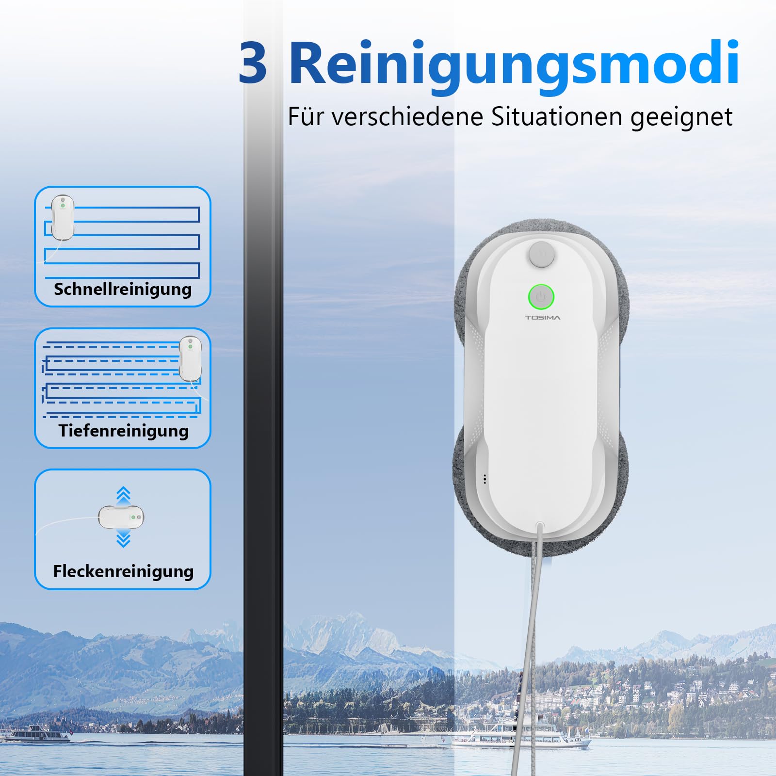 Tosima W5 Fensterputzroboter mit bidirektionalem Ultraschall-Nebelsprühfunktion, 6400Pa adaptiver Saugkraft und intelligenter Kantenerkennung für gründliche Fensterreinigung, 2026 verbesserte Version