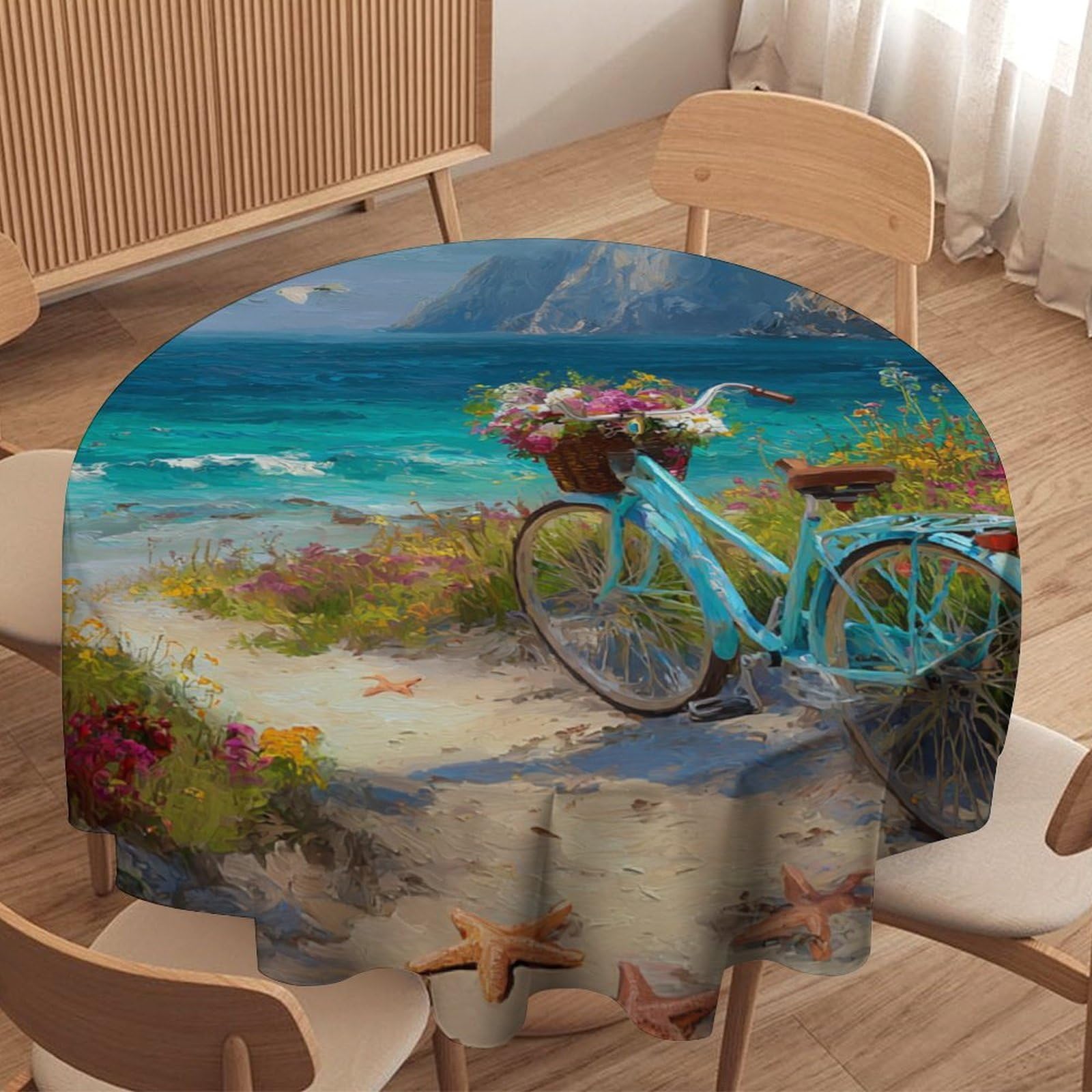LUYYSKY Classic Fantasy Coastal Beach Round Tablecloth Nautical Watercolor Ocean Seascape Animal Seagull Bicycle Washable Decor for Table Cover for Kitchen-152.4" Wx152.4 L cm