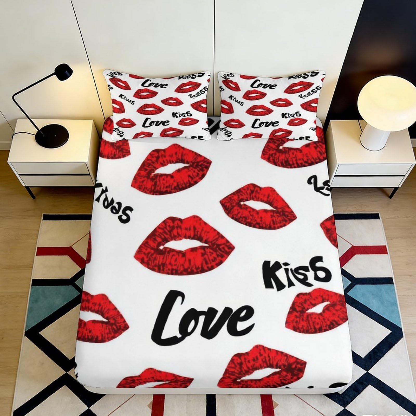 3D Printed Red Lip Kiss Fitted Sheet Microfiber Soft Breathable Love Letter Mattress Cover for Bedroom Decor 90x200x25cm