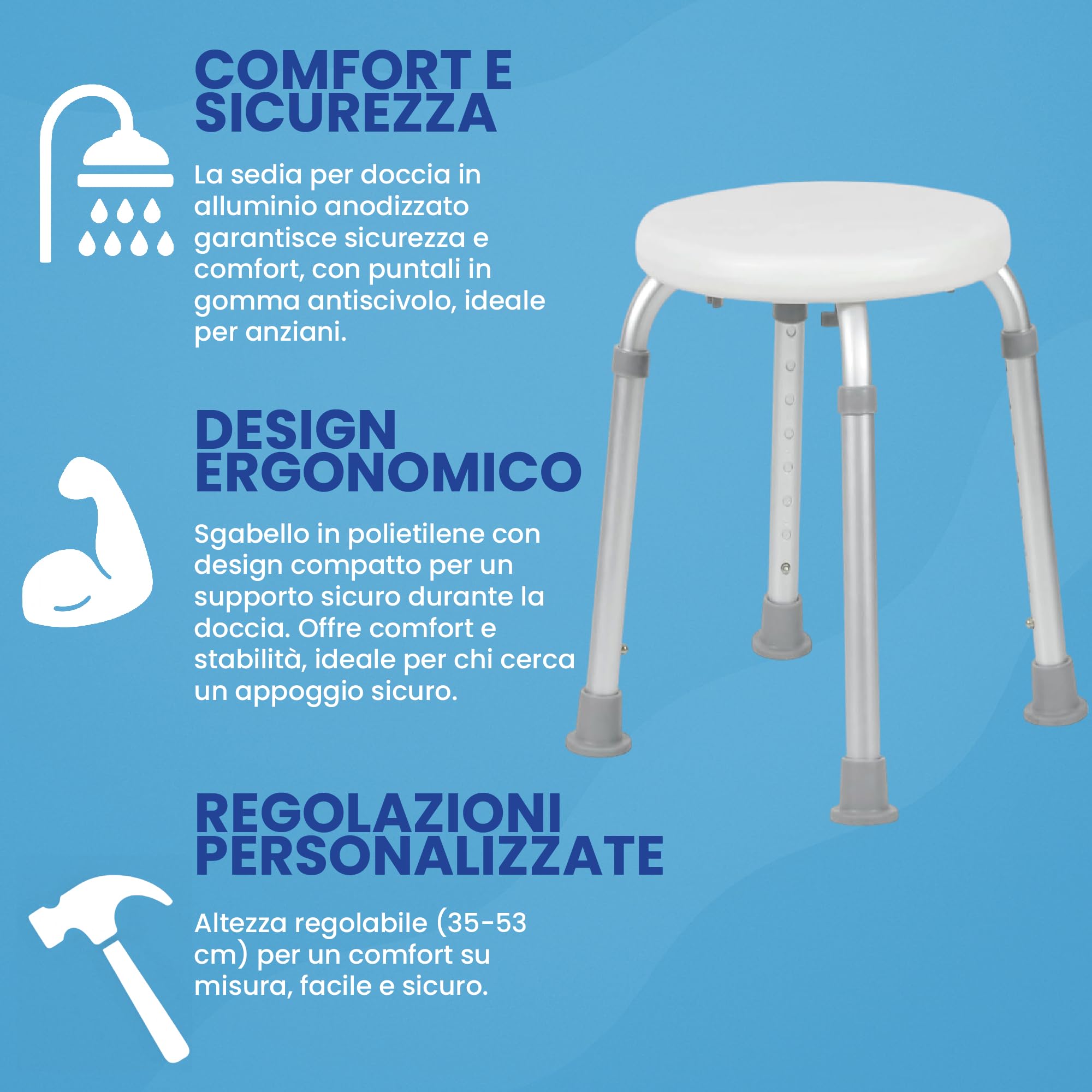 Sgabello Doccia Anziani; Altezza Regolabile, Piedini Antiscivolo, Sgabello da Bagno per Anziani e Disabili, Facile da Montare - Peso Massimo 120 kg - Diametro Seduta 32cm