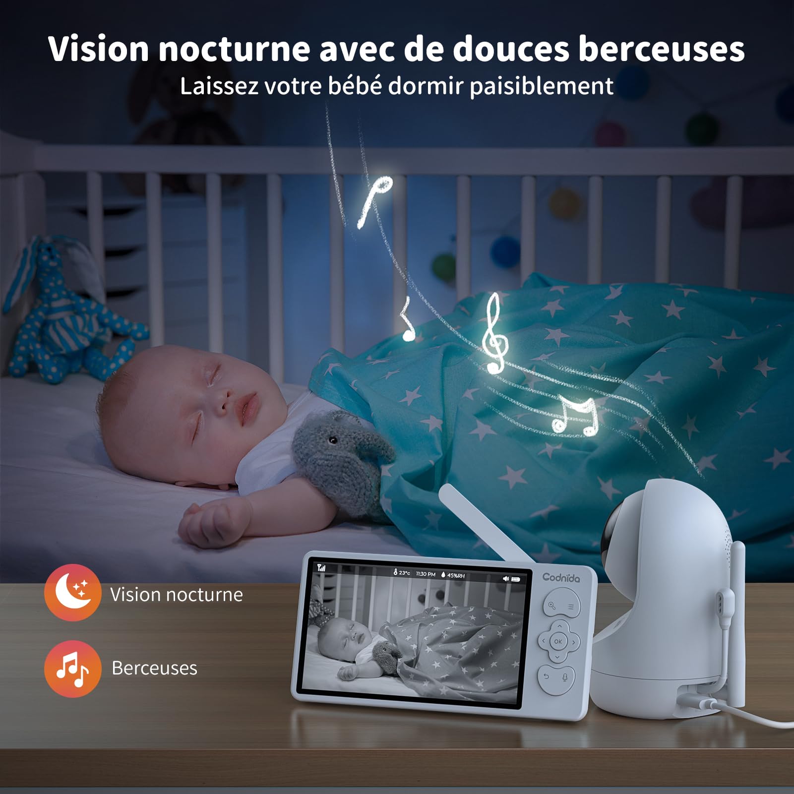 Codnida 5.5" LCD Babyphone Camera,2K 3MP Caméra Bebe Surveillance avec Vision Nocturne Suivi Automatique Capteur Soins Intelligents Mode Vox Audio Bidirectionnel Berceuses