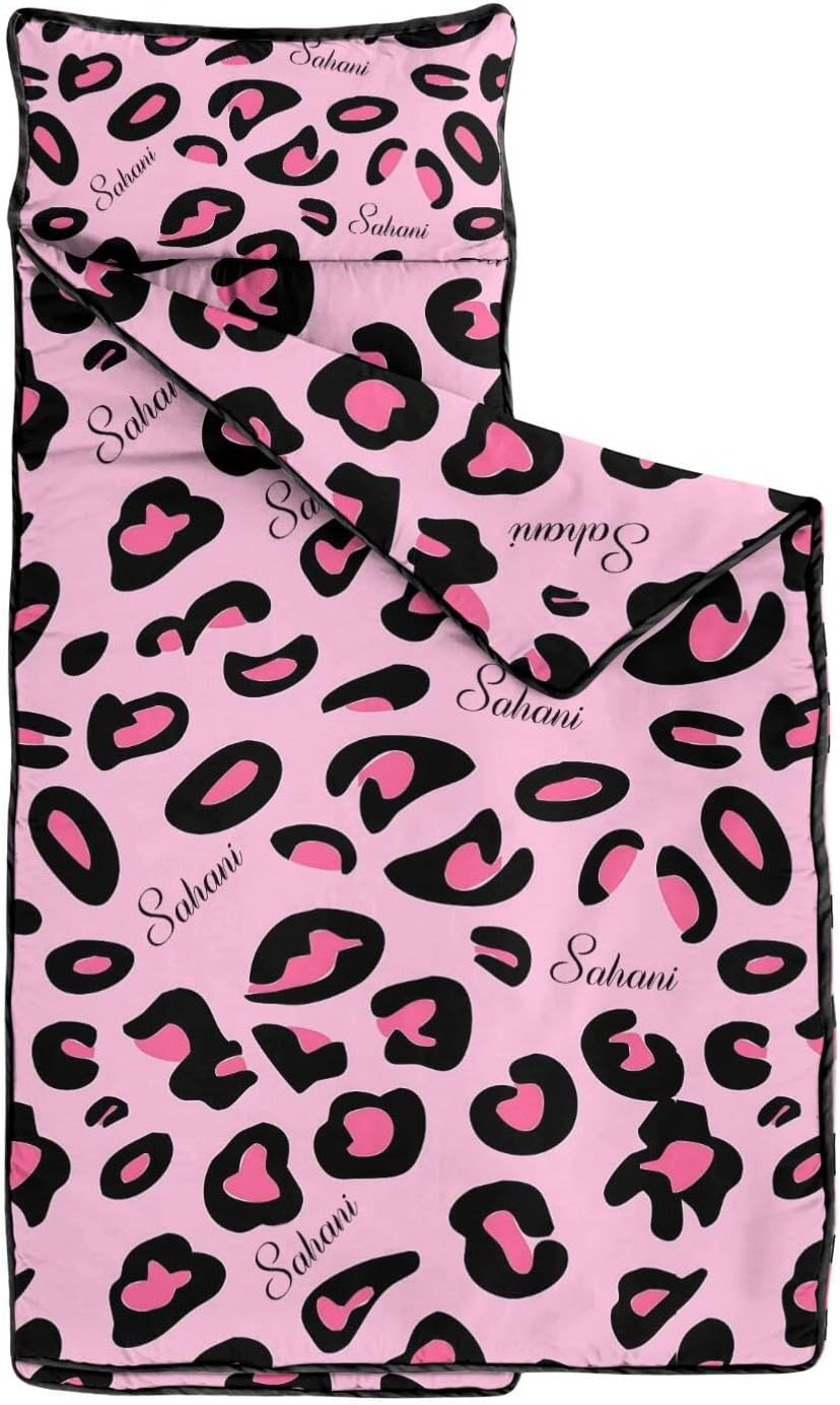 Personalized Toddler Nap Mat for Girls – Custom Name Leopard Print Sleeping Bag with Pillow & Blanket – Soft & Portable for Daycare, Preschool & Kindergarten