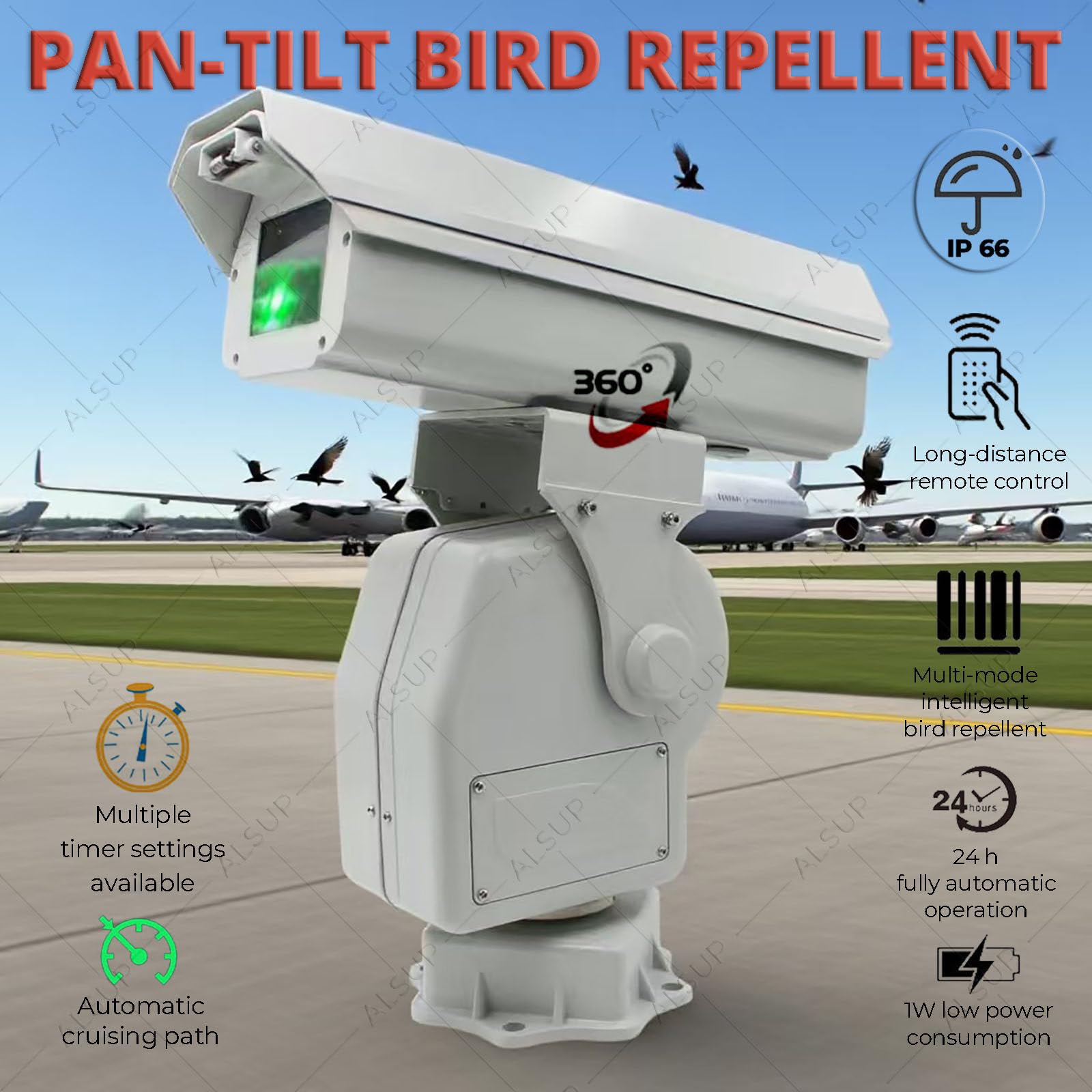 Laser-Vogelvertreiber 360° Automatische Vogelverfolgung, IP66 Wasserdicht Humane Vogelabwehr, Für Bauernhöfe Weinberge Solarparks Geräuschlos Langlebig A