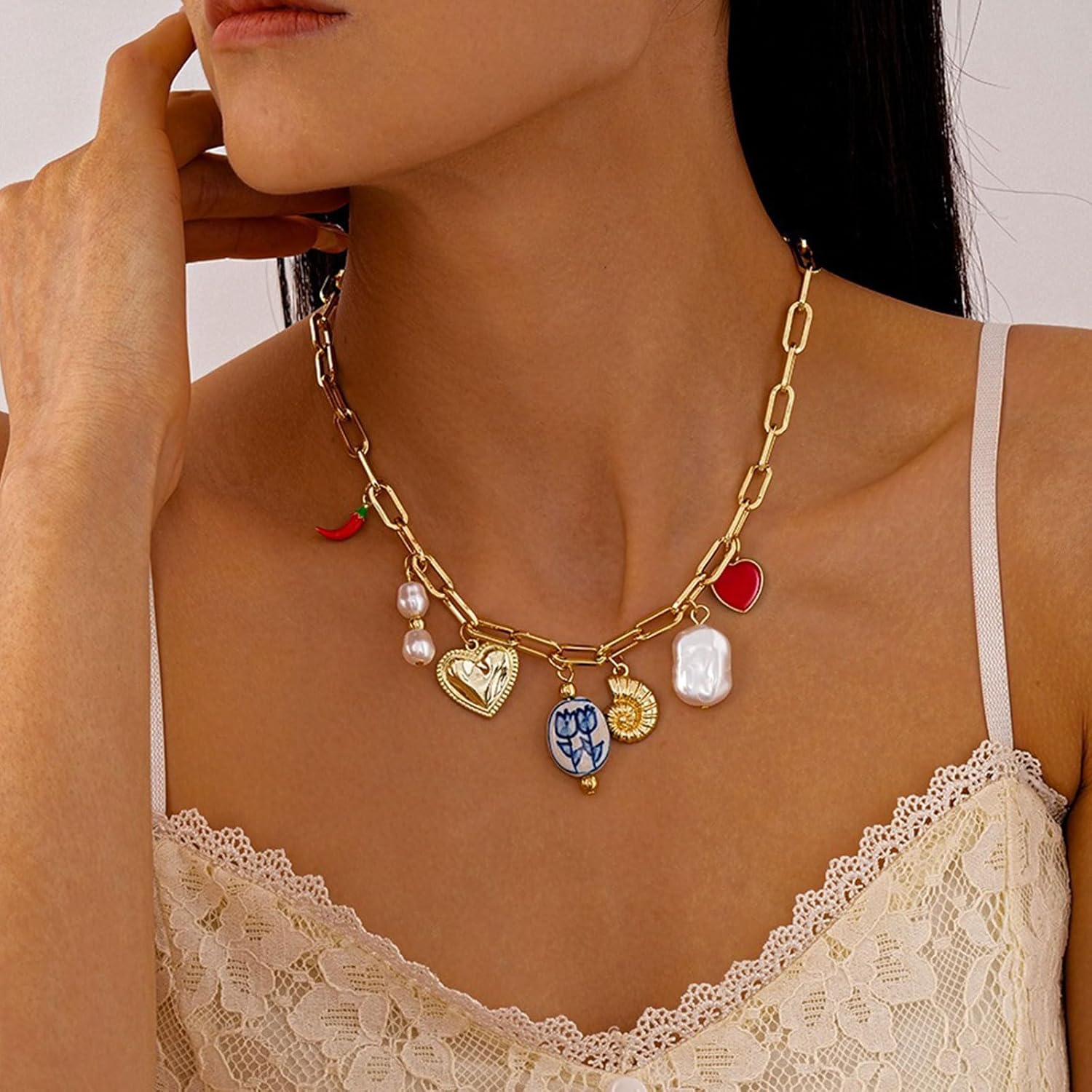 Gold Charm Necklace for Women Trendy Heart Pearl Pendant Necklace Adjustable Pepper Conch Ceramic Necklace Summer Jewelry Gifts - Image 5