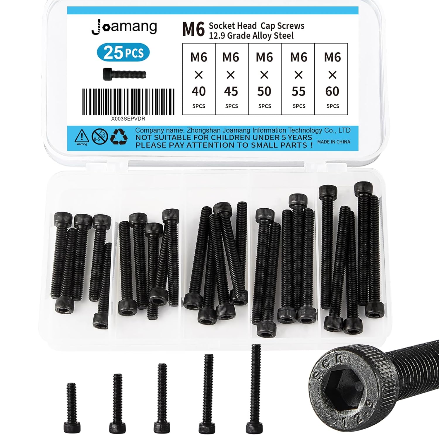 M6 x 40mm 45mm 50mm 55mm 60mm Hex Socket Head Cap Screws Bolts, 12.9 Grade Alloy Steel, Black Oxide Finish, Metric Allen Drive, Fully Threaded, Assortment Kit 25Pcs