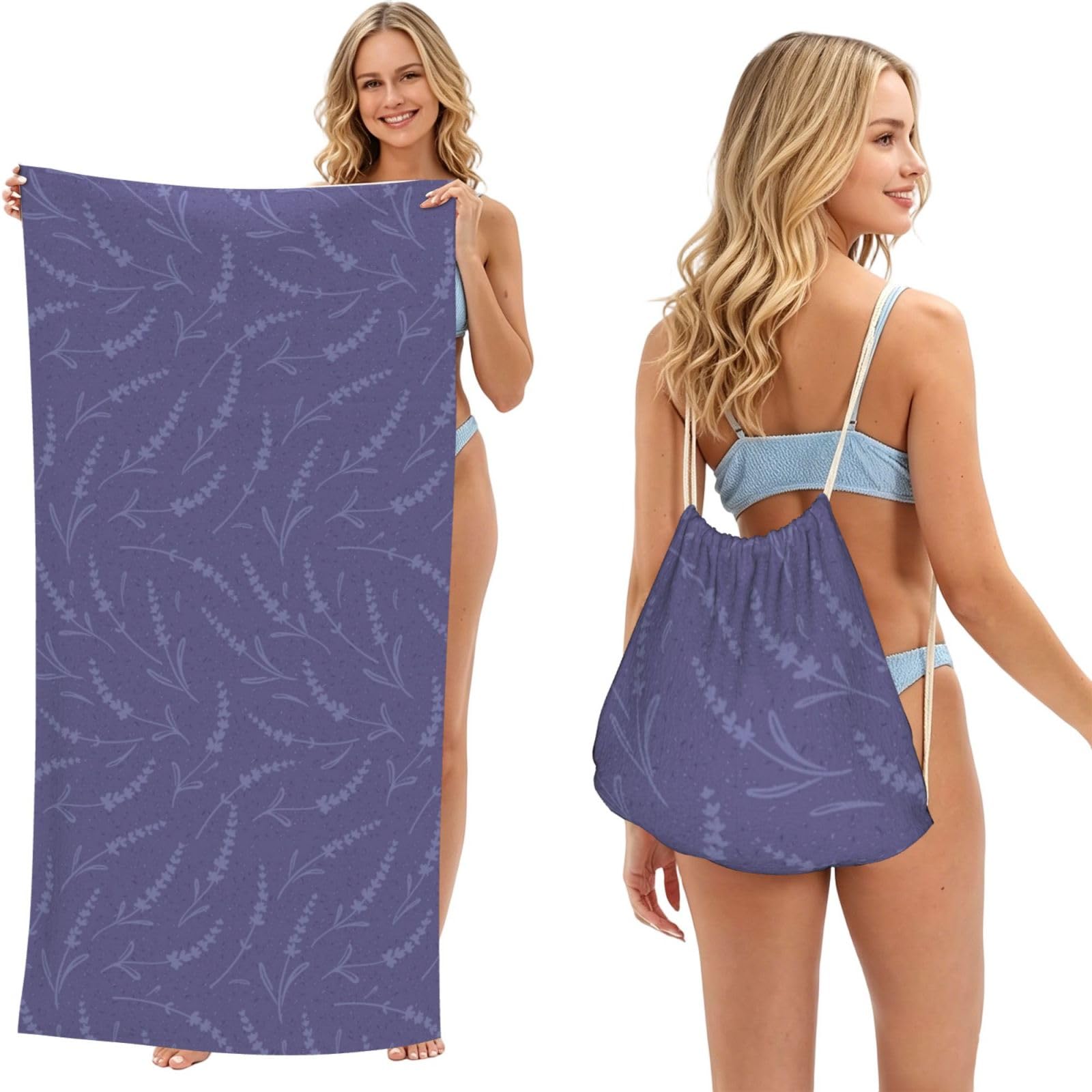 Poadnly As Picture Lavender Pattern, 2 In 1 Packable Towel Bag, Beach Towels With Drawstring Backpack For Travel Holiday Camping